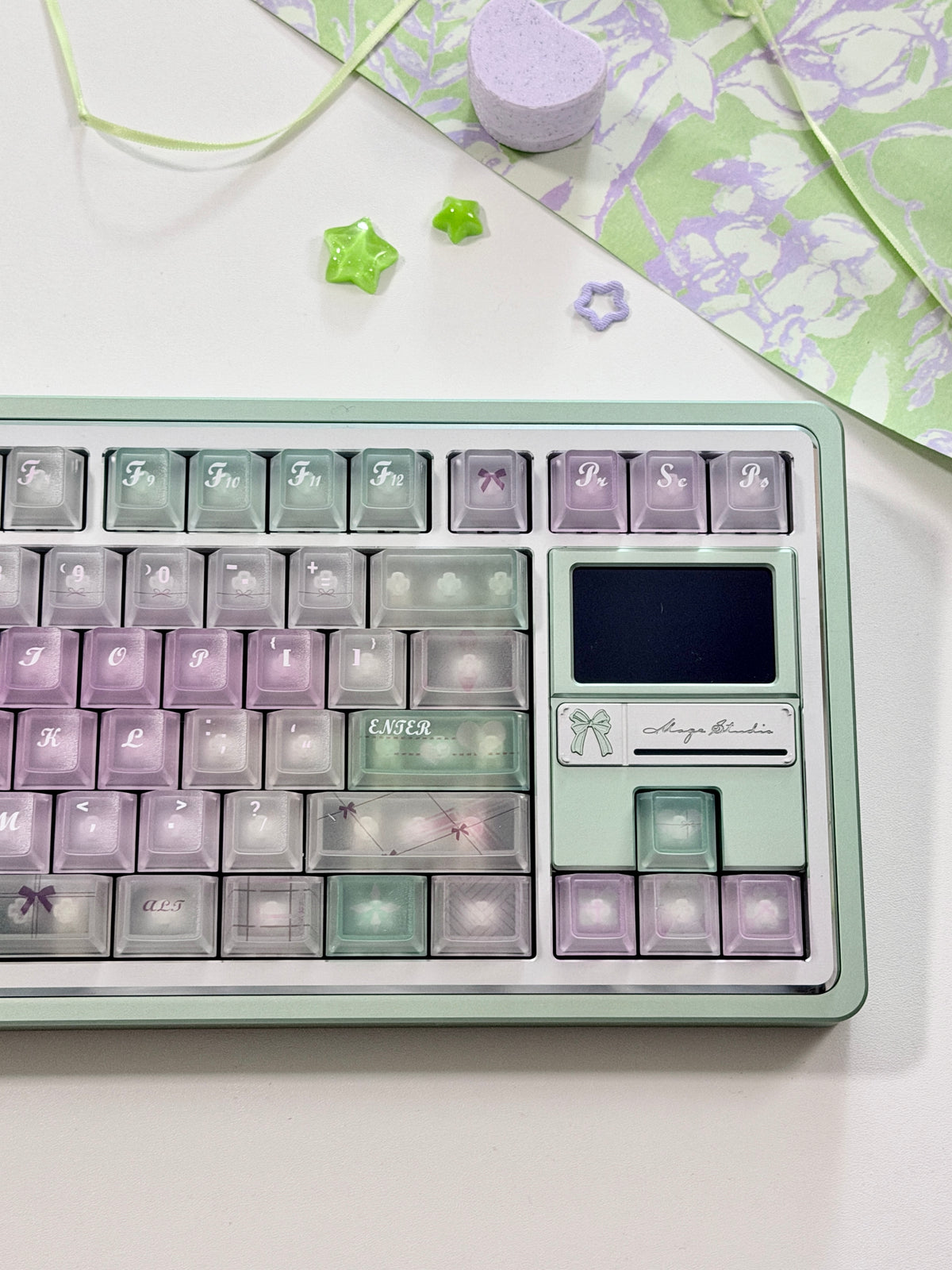 #0318 Lavender Mint Garden Transparent Keycaps Set | Pastel Purple & Sage Green Cute Floral Mechanical Keyboard Keycaps