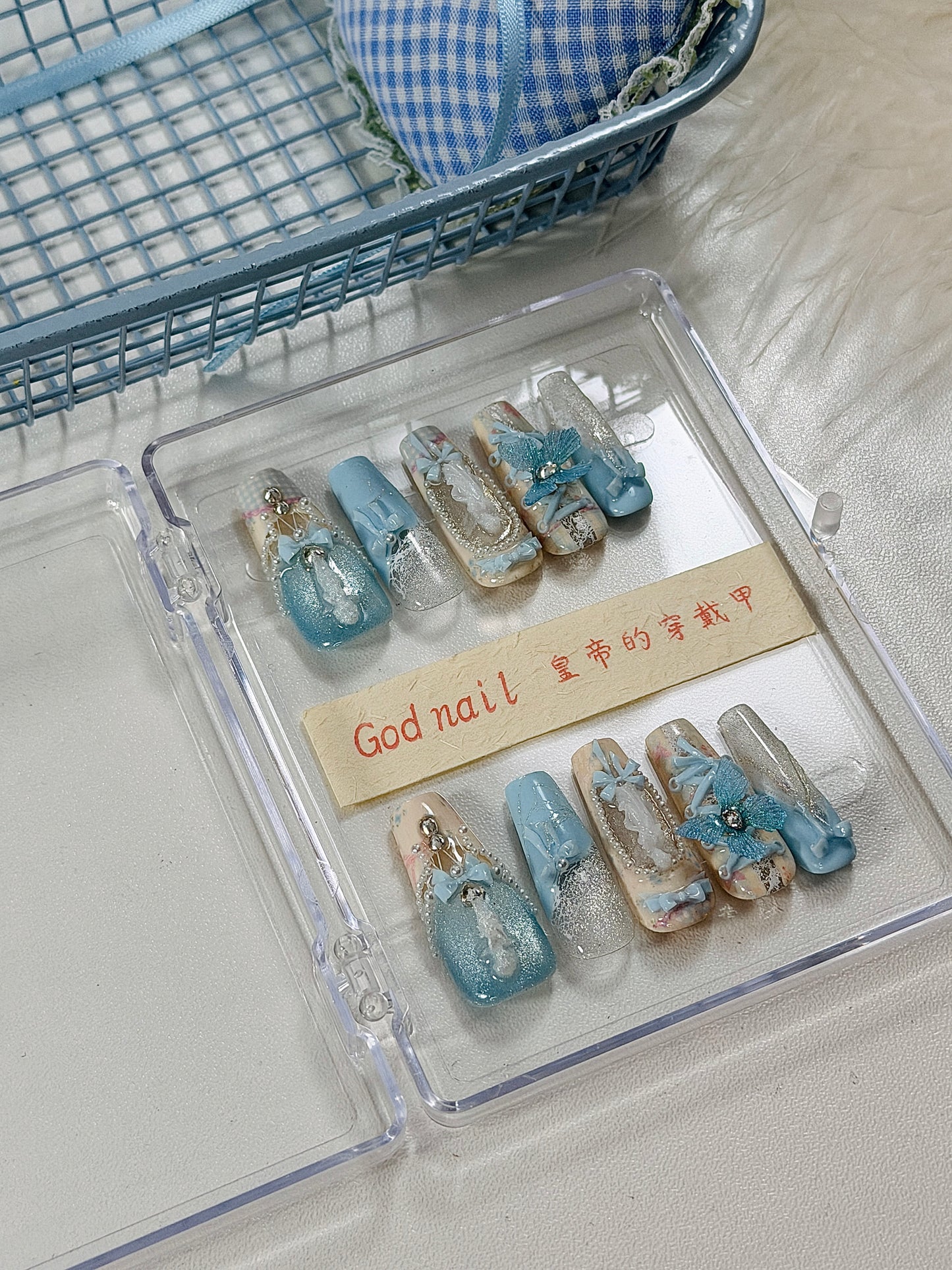 Blue Magnetic Butterfly Lace Press On Nails Long Coffin Pearl Beads Angel