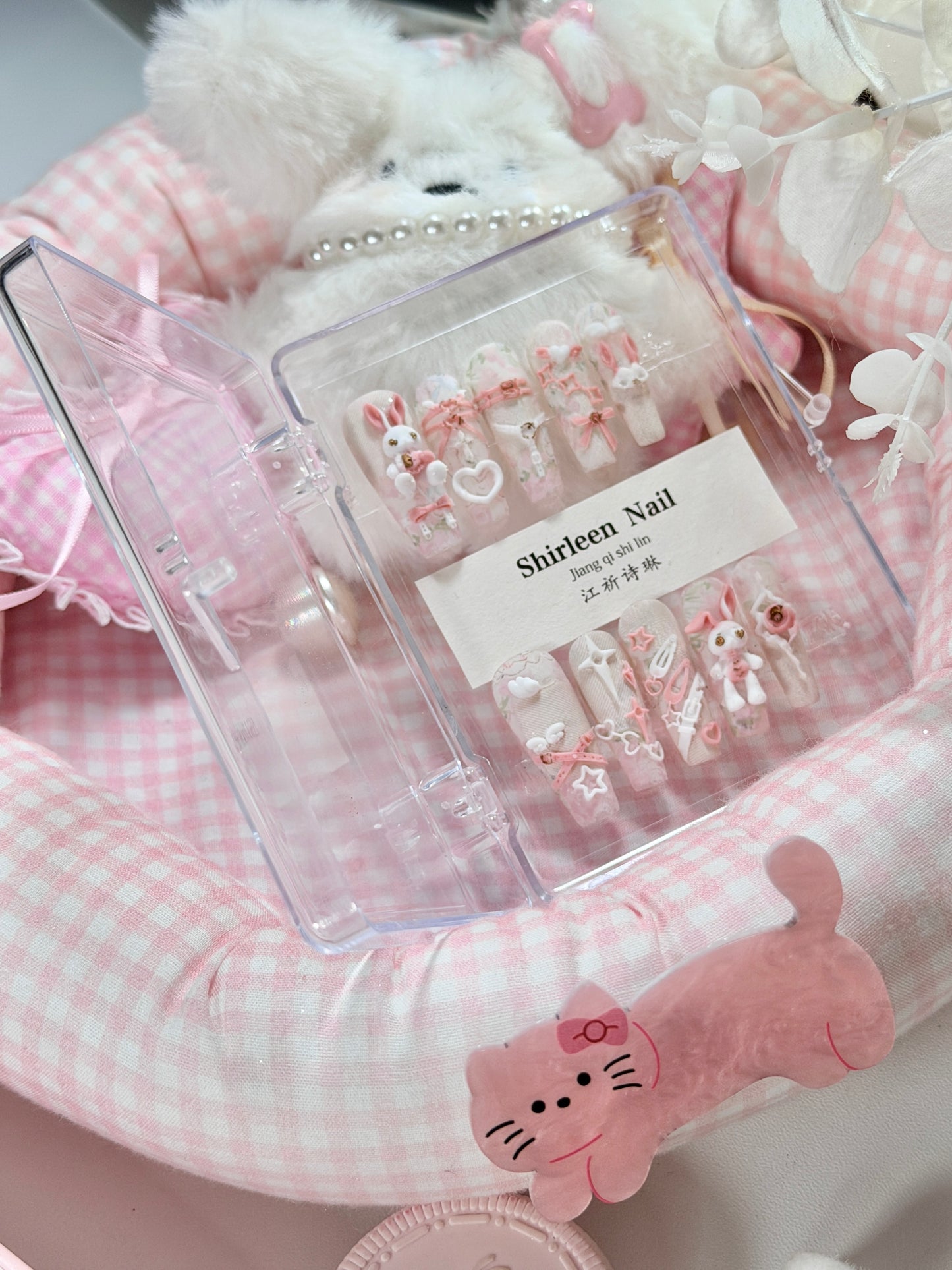 White Lace Pink Punk Bunny Bow 3D Pattern Press On Nails Long Coffin