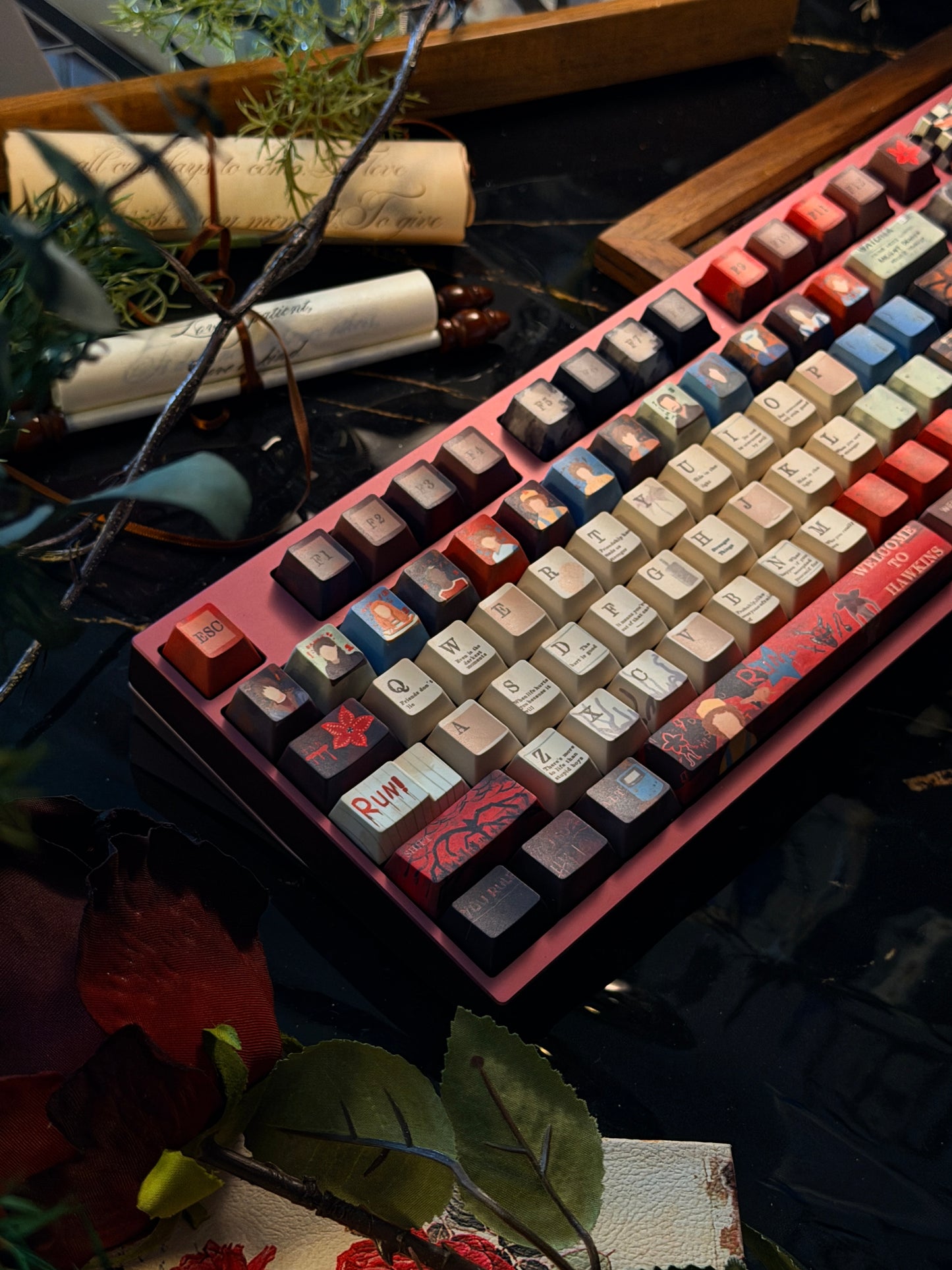 ONLY 1 Instock Prebuilt Neo98 Anodized Dusty Rose Mechanical Custom Keyboard + stranger things Keycaps