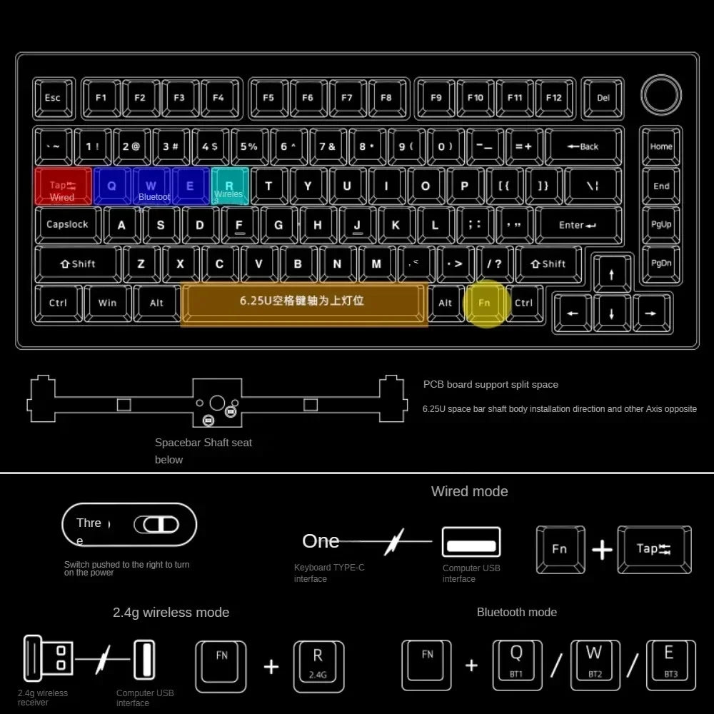 Metallic AL75V2 Mechanical Keyboard RGB Bluetooth Wired 2.4G Wireless Tri-mode CNC Aluminum Lump Lower Light Position Kit  DIY HEIJISHE  Designed