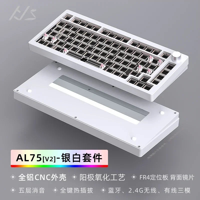 Metallic AL75V2 Mechanical Keyboard RGB Bluetooth Wired 2.4G Wireless Tri-mode CNC Aluminum Lump Lower Light Position Kit  DIY HEIJISHE  Designed