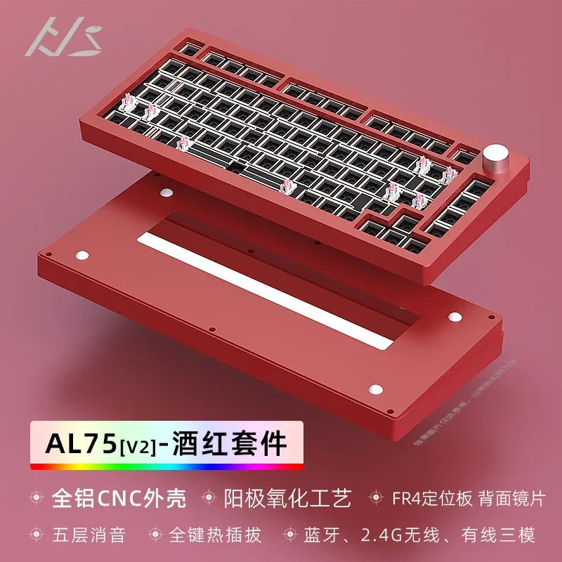 Metallic AL75V2 Mechanical Keyboard RGB Bluetooth Wired 2.4G Wireless Tri-mode CNC Aluminum Lump Lower Light Position Kit  DIY HEIJISHE  Designed