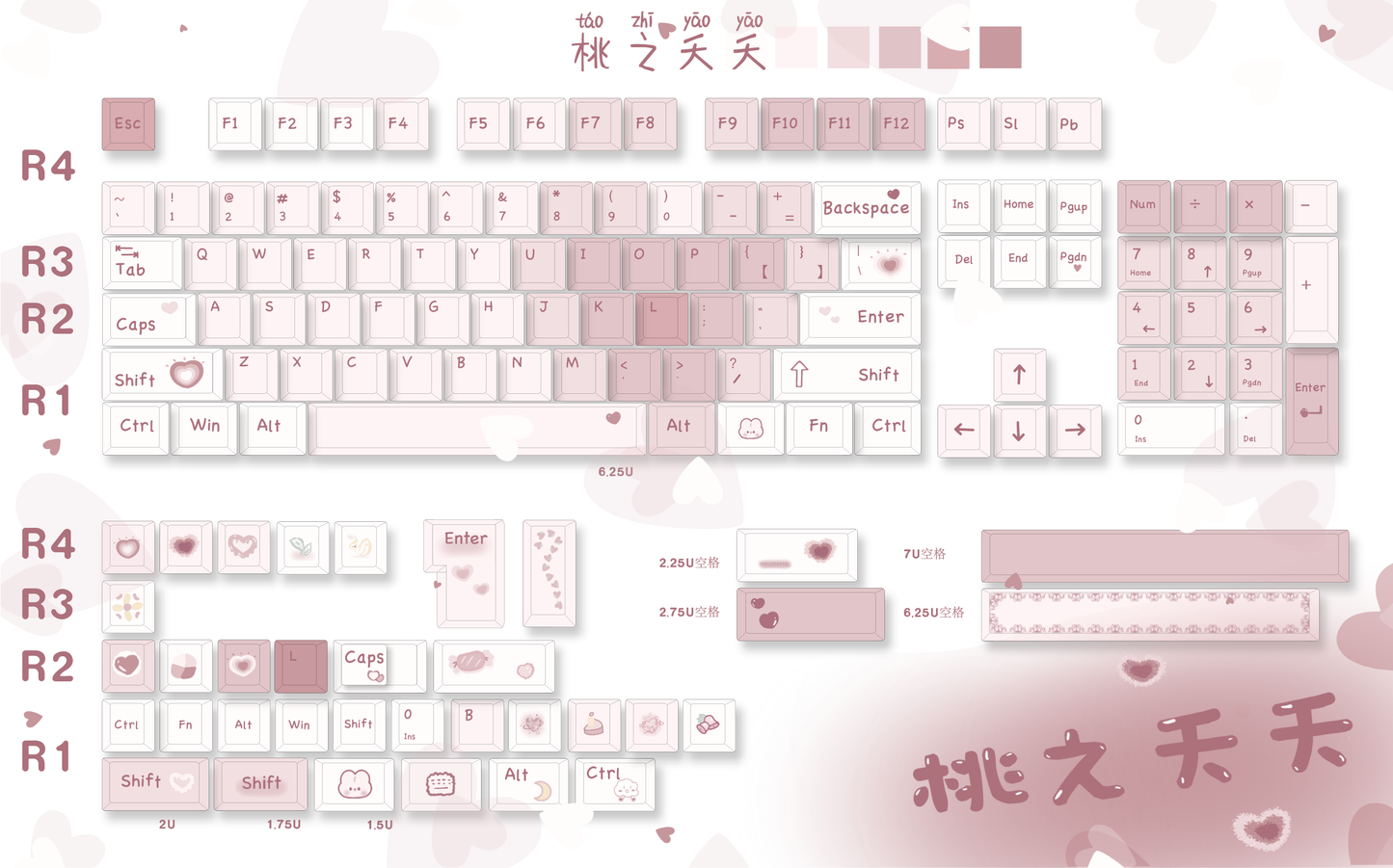 strawberryjam1986 sweet peach pink heart cherry/mda profile keycaps