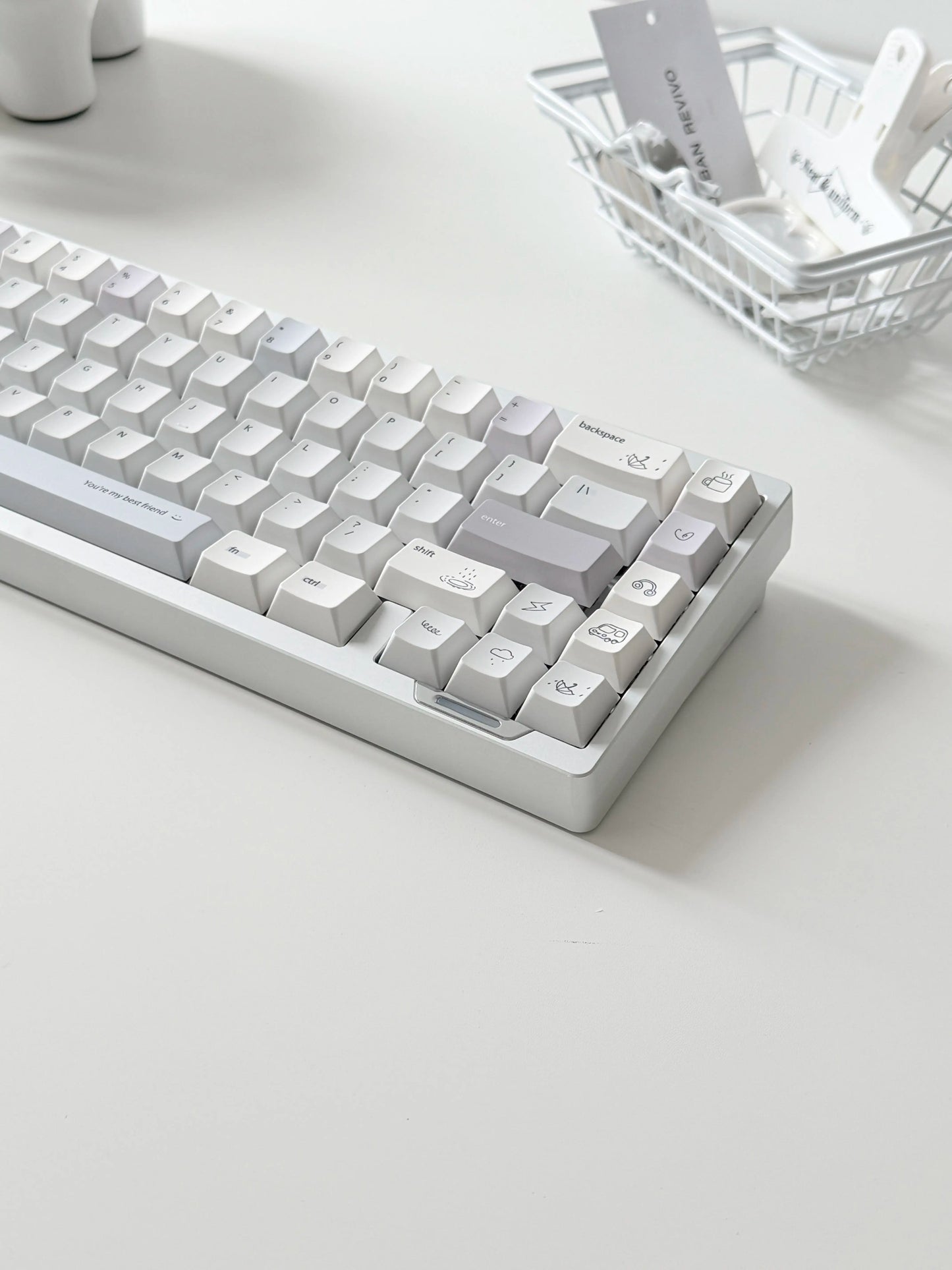 #0296 Minimalist Pale Blue White & Gray Keycap Set – Retro Japanese Style PBT Keycaps for Mechanical Keyboards Designed By Mochi Lab