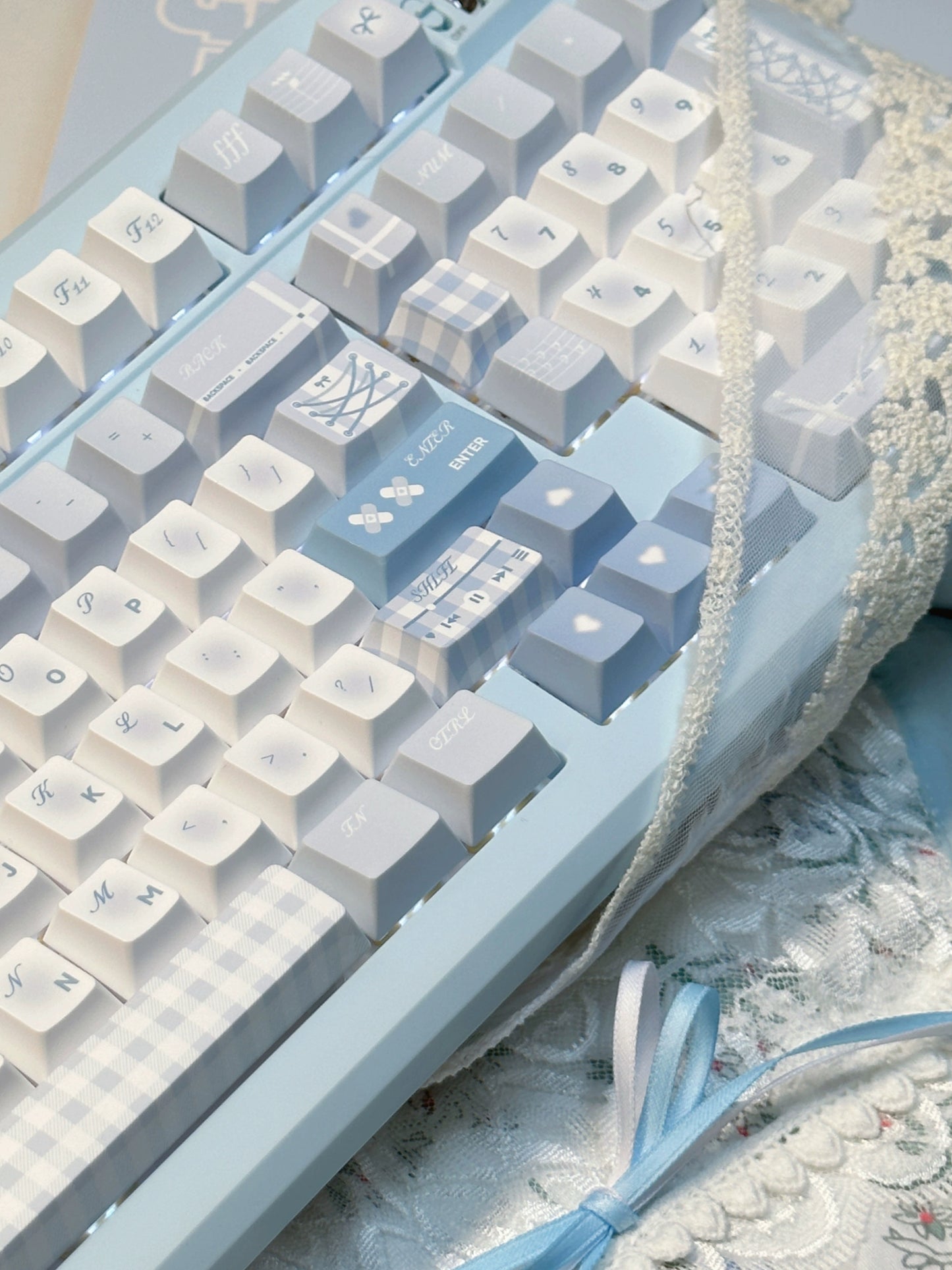 076 Pastel Blue Lace Grid Elegant Monsoon Movement 140 Keys Cherry Profile Keycaps