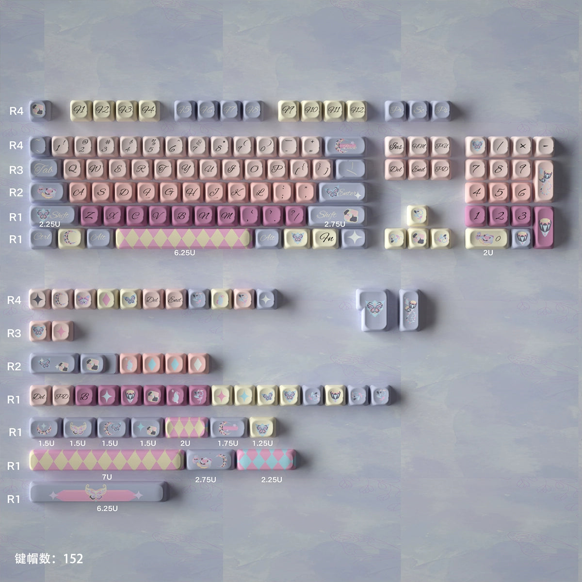 Pastel Purple Pink Gray Blue Moonlight Butterfly SOA/URE Profile Keycap Set URE Studio Designed