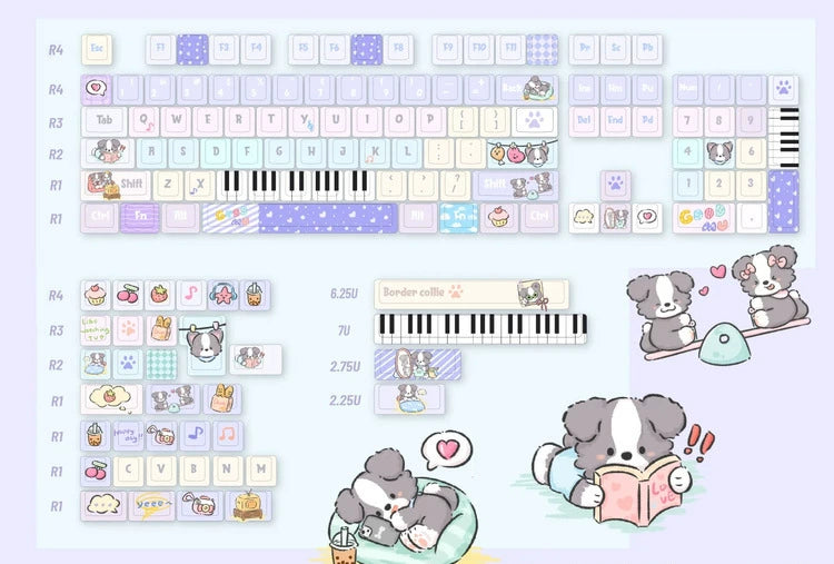 028 Cute Puppy  Music Note Piano Keys Blue Purple Macaron Keycap Cherry Profile