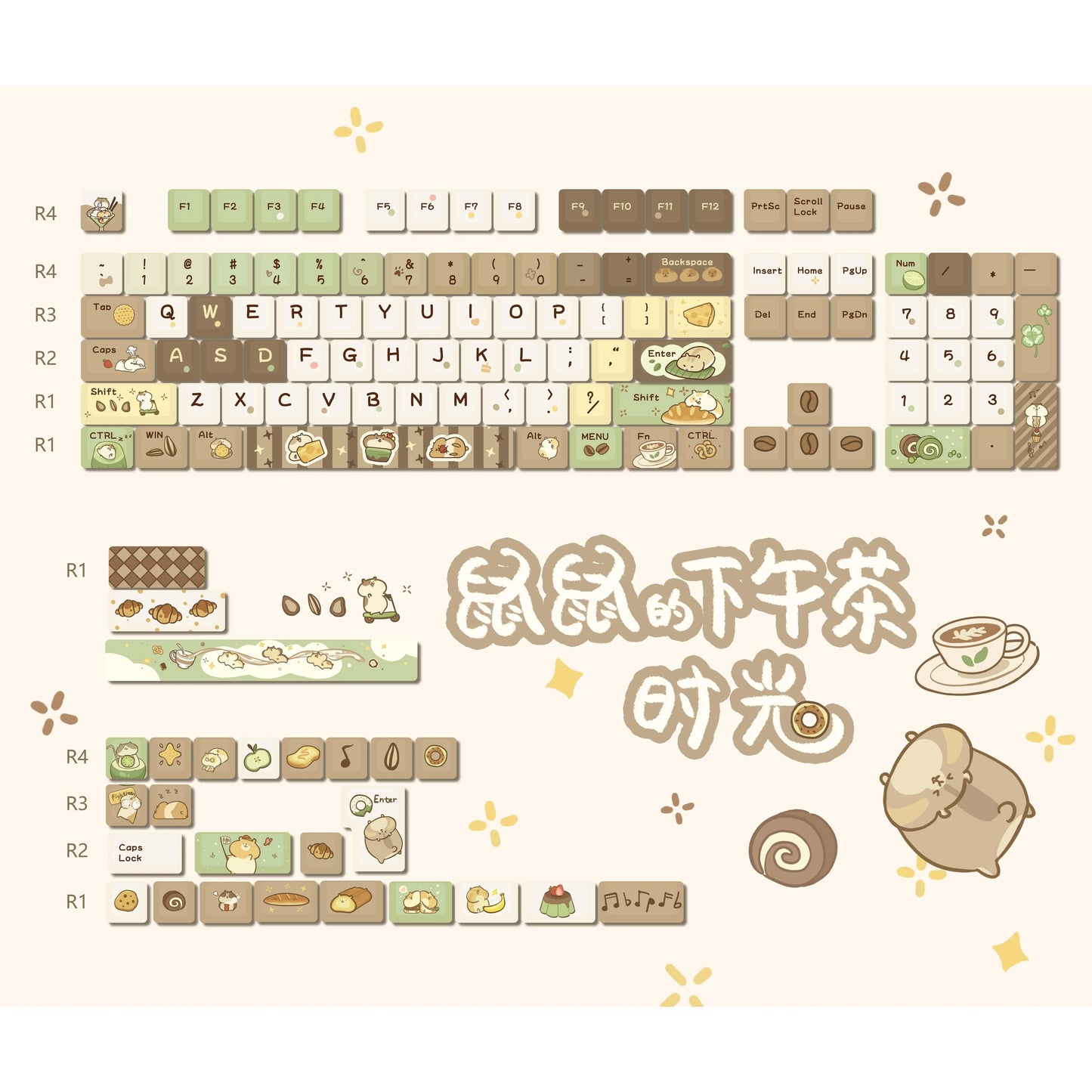 083 Humsters' Afternoon Tea Time Coffee Green Color Cute Keycaps MOA profile 130 keys