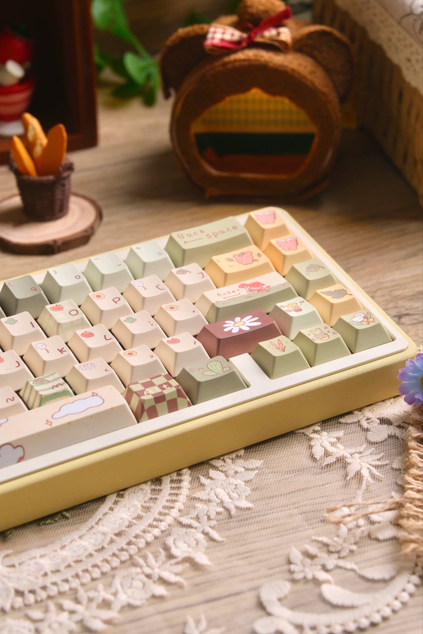 037 Pastel Green Bear Forest Keycap Cherry Profile 150 Keys