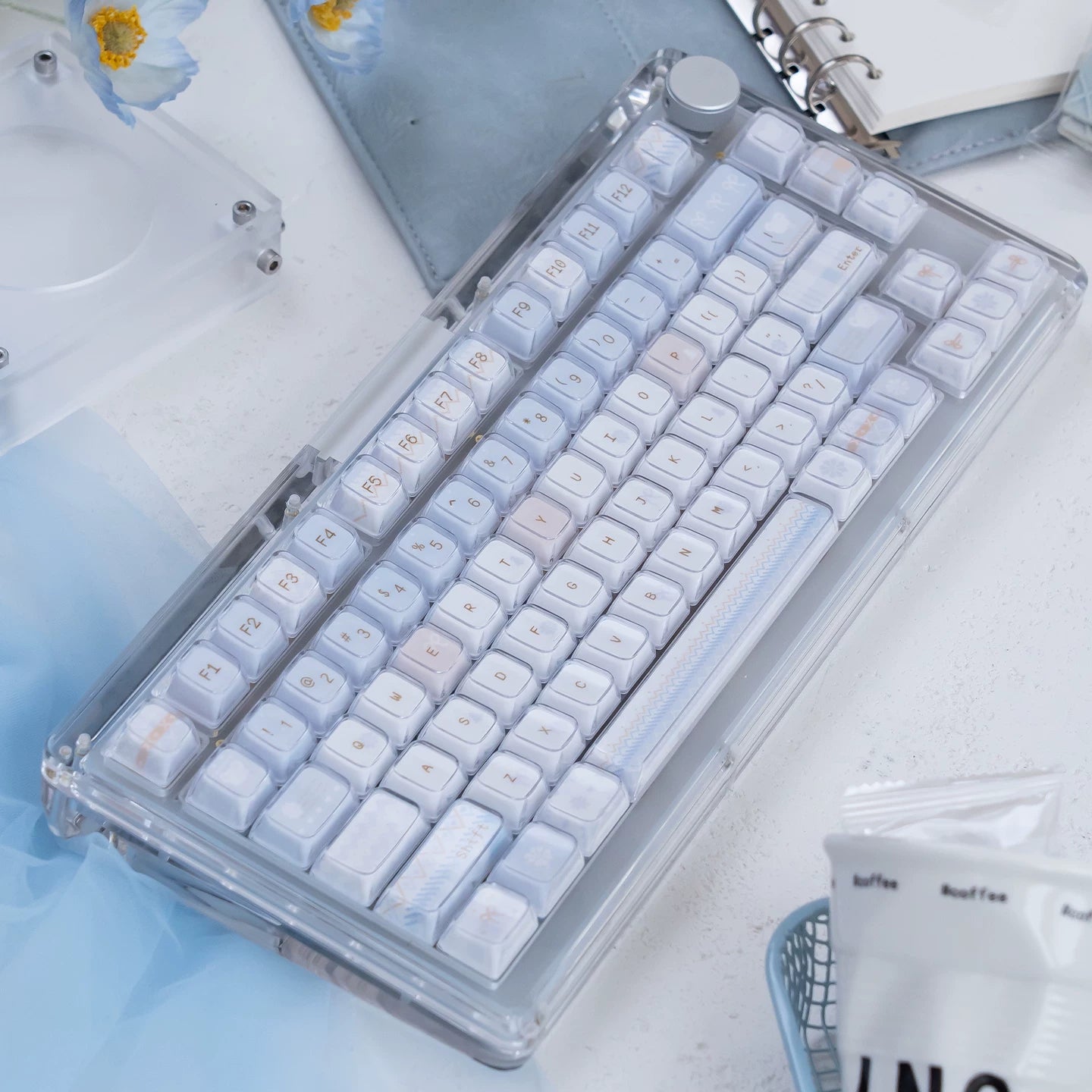 #0255 Light Blue Winter Letter Crystal Jelly Keycap KDA Profile PBT + PC Double-layer Designed By URE