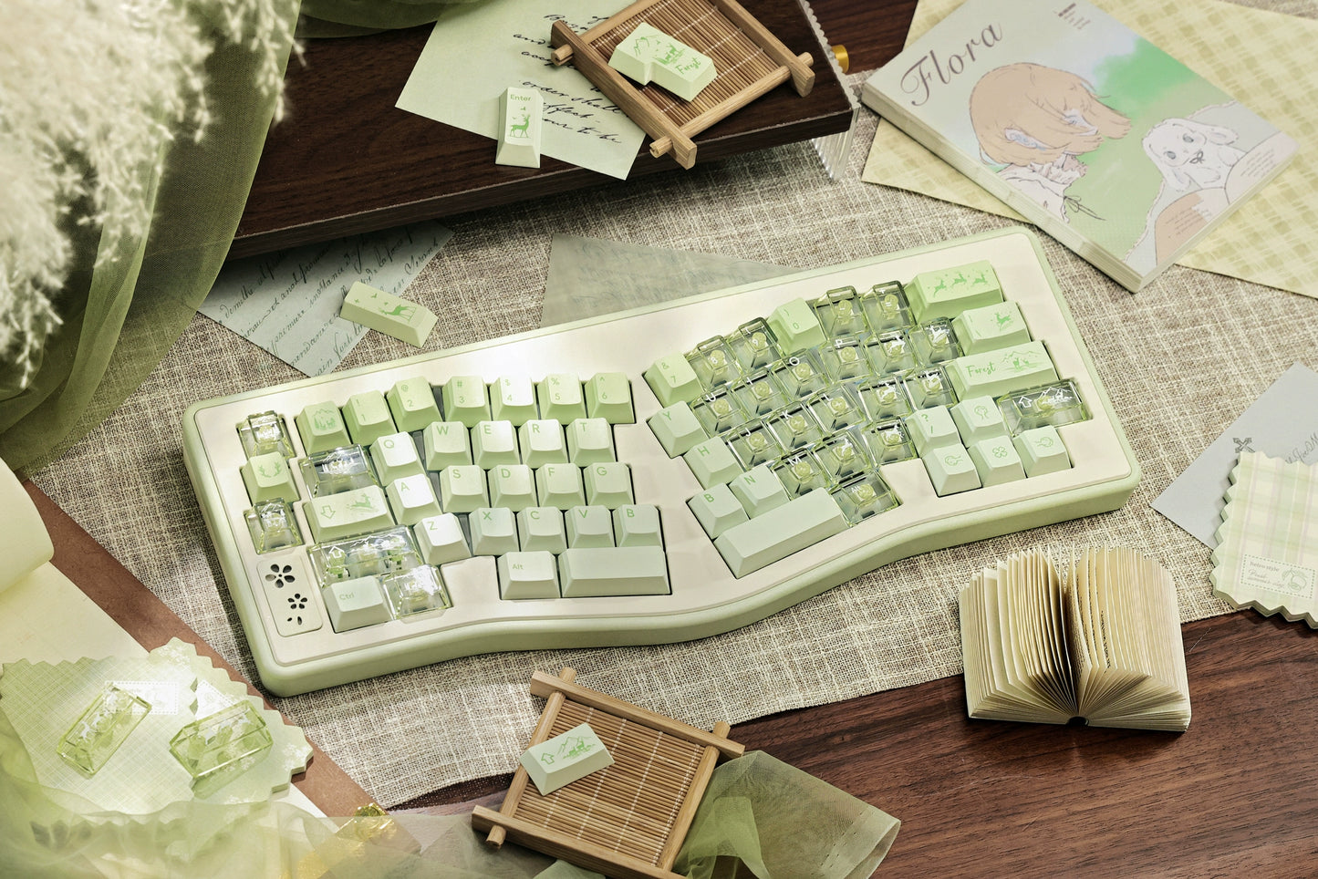 #0216 Fresh Green Dearwood Whisper Keycap Set Cherry Profile PBT146+PC115  （not including keyboard）