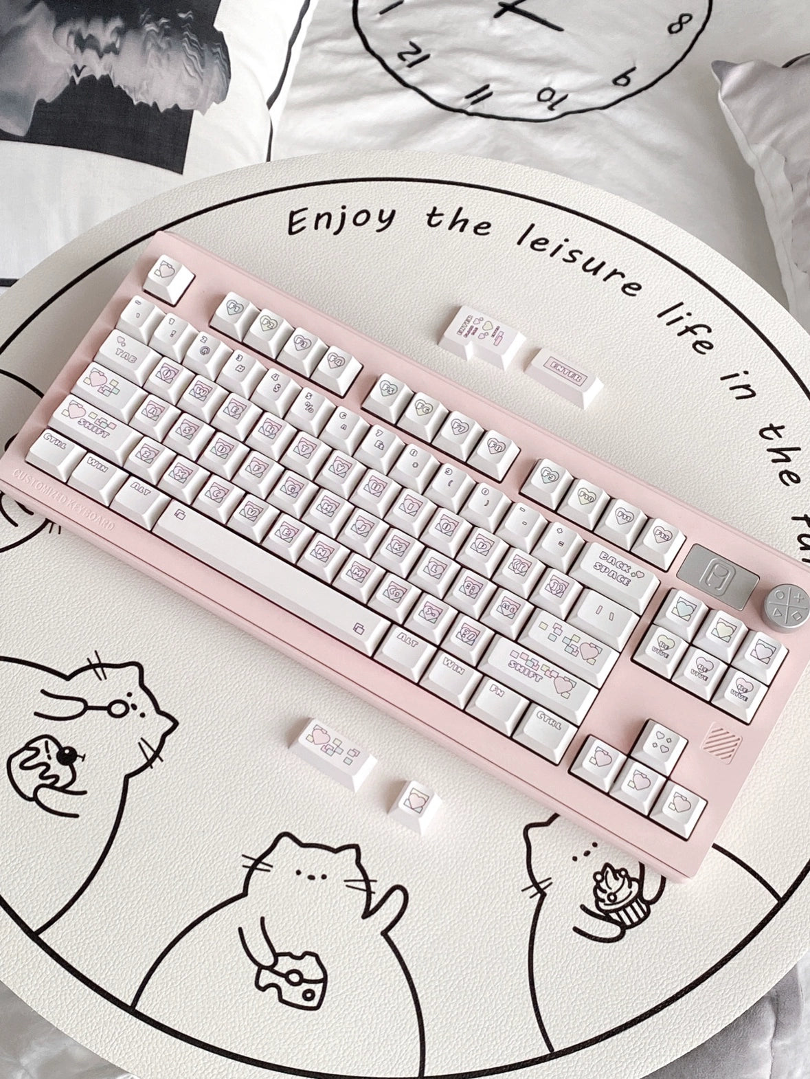 Pastel Pink White Heartbeat Signal Cherry Profile Keycaps Designed By Mocoo Studio