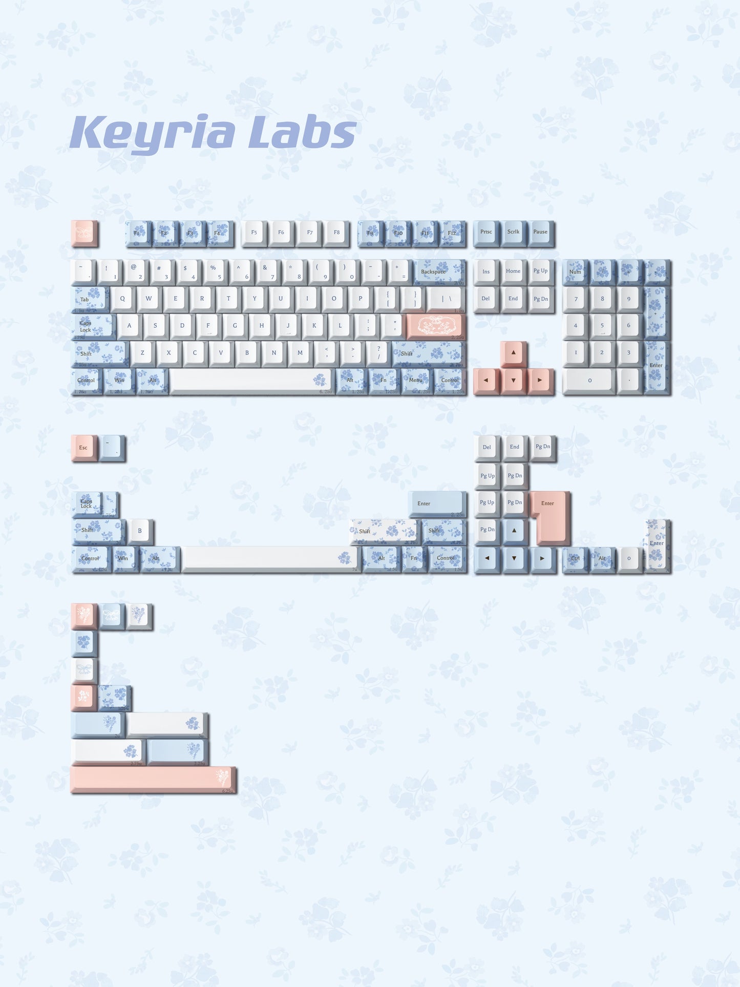 010 Midsummer Night's Dream Light Blue Floral Customized Keycaps 148 Keys Cherry Profile Designed By Keyria Labs