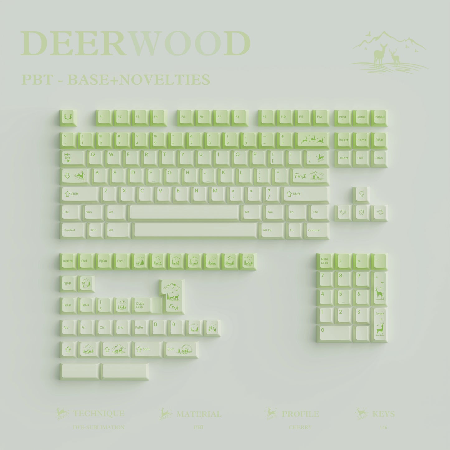 #0216 Fresh Green Dearwood Whisper Keycap Set Cherry Profile PBT146+PC115  （not including keyboard）