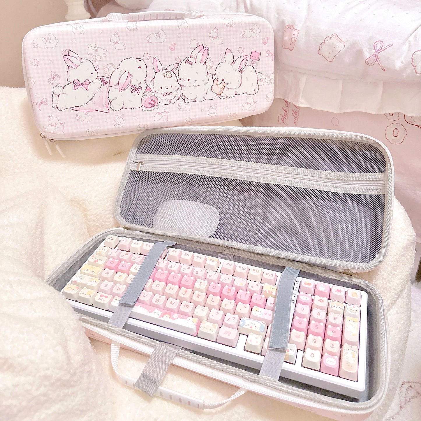 Pink Cute Bunny Bread Kitty Keyboard Portable Case Keyboard Storage Bag Dustproof Waterproof （not including keyboard or keycaps）