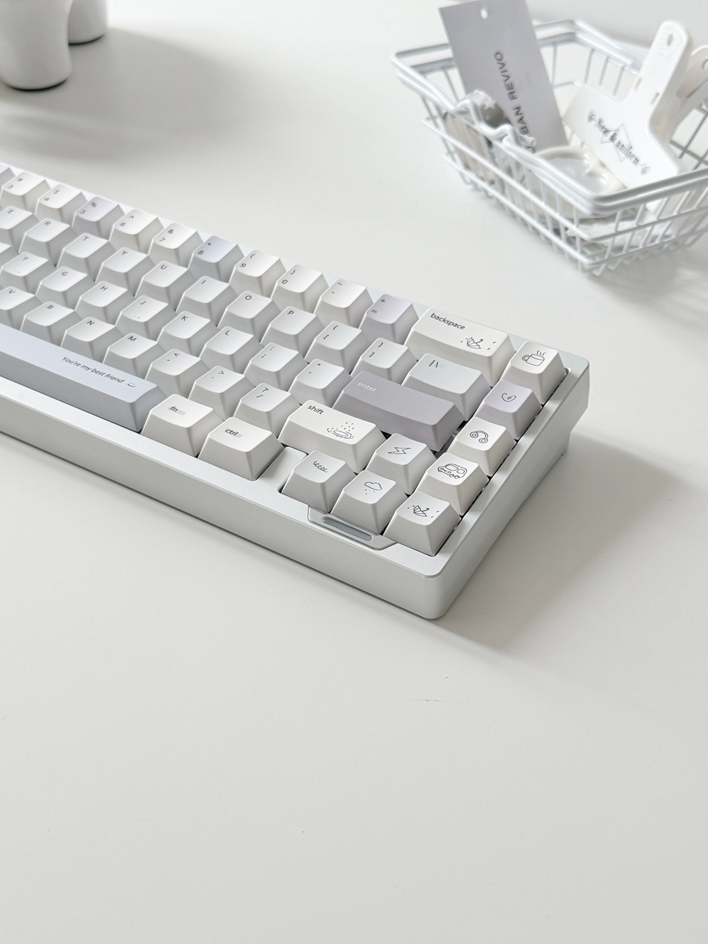 #0296 Minimalist Pale Blue White & Gray Keycap Set – Retro Japanese Style PBT Keycaps for Mechanical Keyboards Designed By Mochi Lab