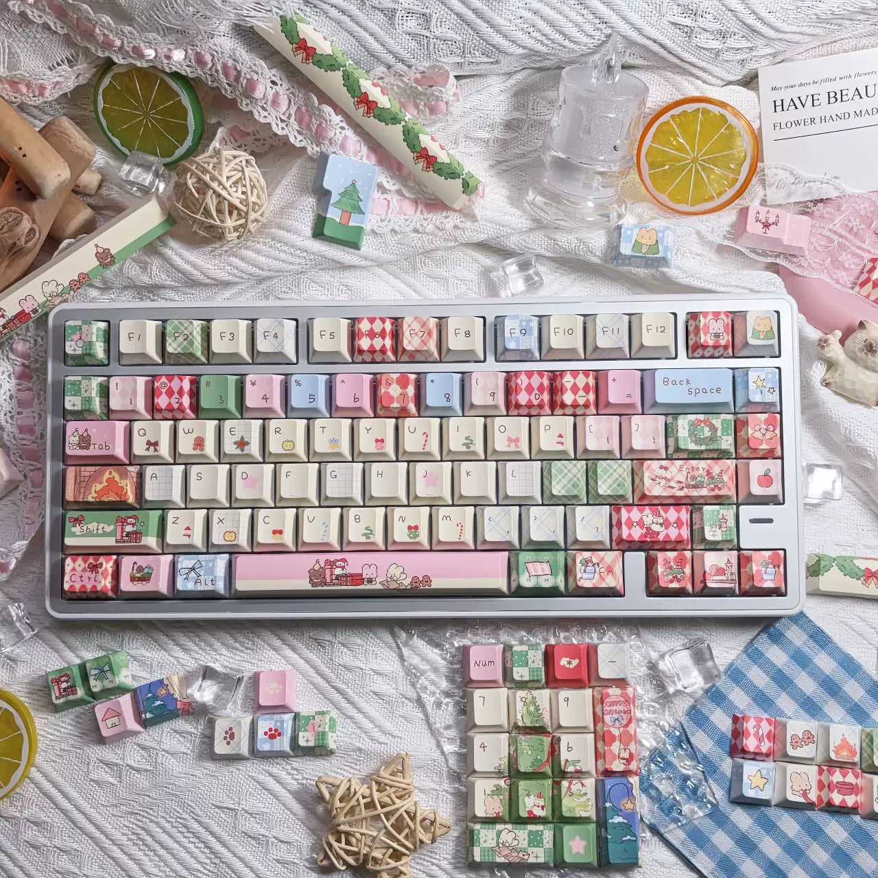 #0262 Buny Red Pink and Green Cute Christmas Birthday Gift Keycap Cherry/moa Profile (not including keyboard)