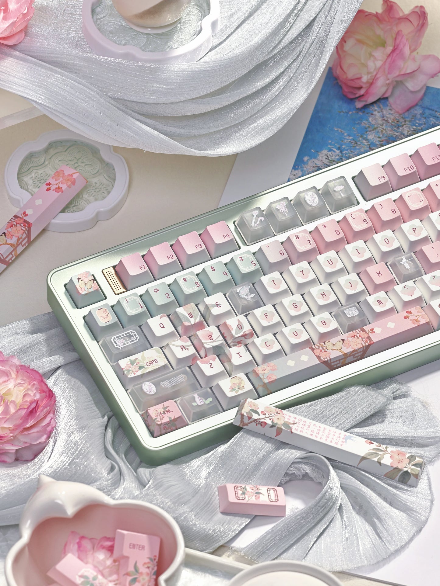 #0264 Begonia Sleepless Keycap Pink Green + Fog Transparent Pc Cherry Profile Designed By Miller