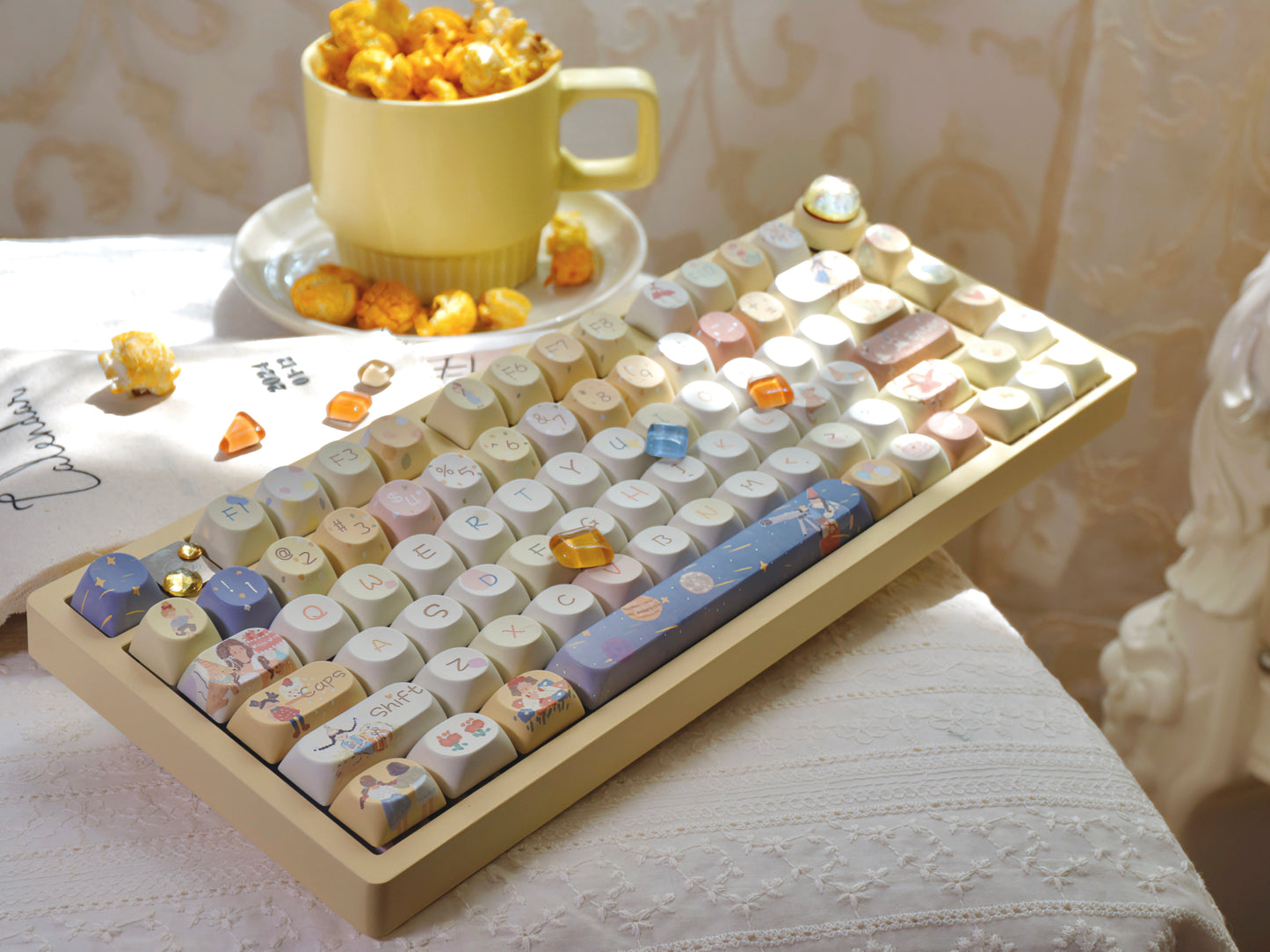 Pastel Yellow Blue Kwai Cute Two Girls Keycap 137/139 Keys Designed By Sleeping Sheep Studio