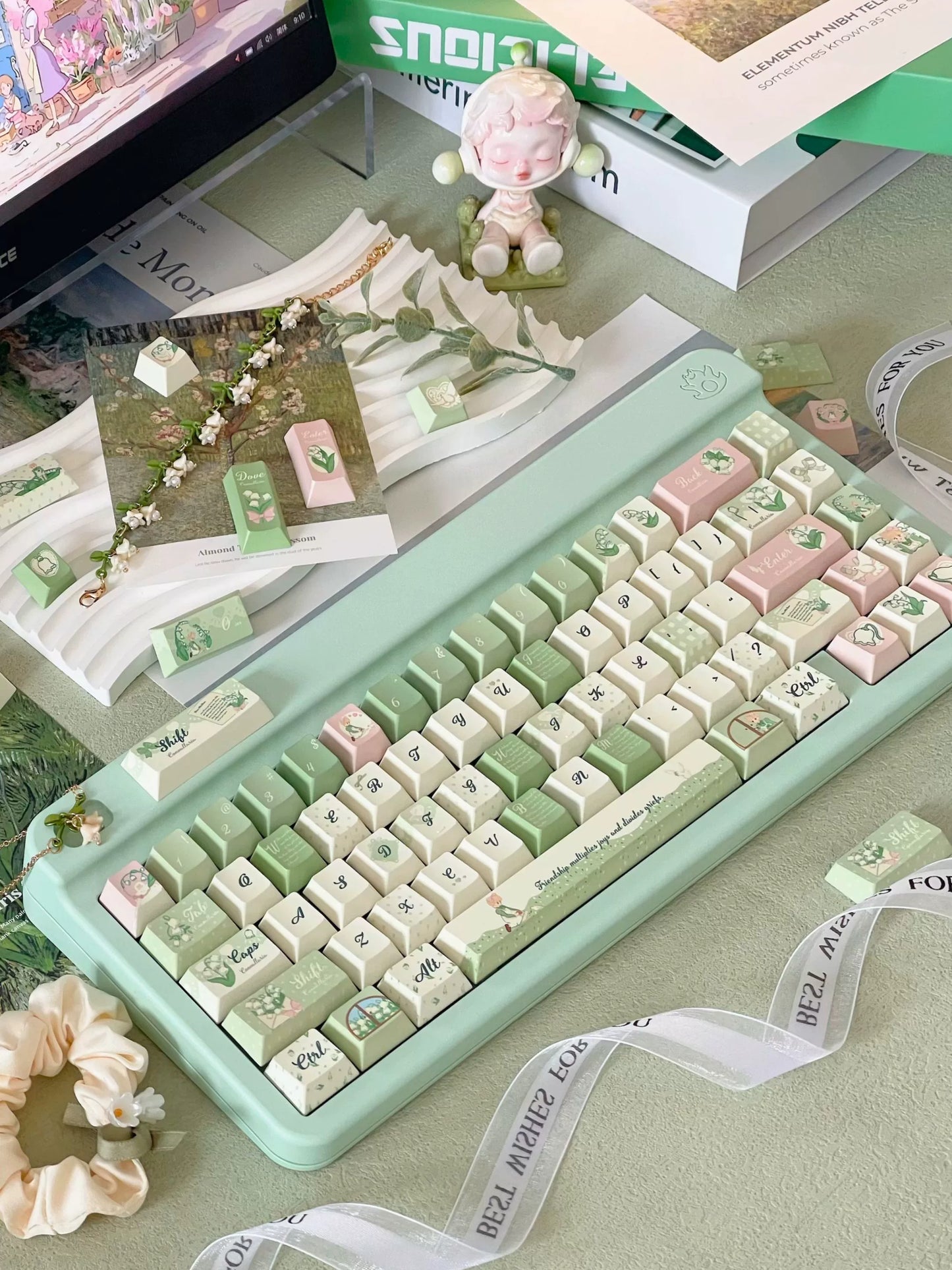 041 Lily of The Valley Pastel Green Pink Cherry Profile Keycap 131 Keys