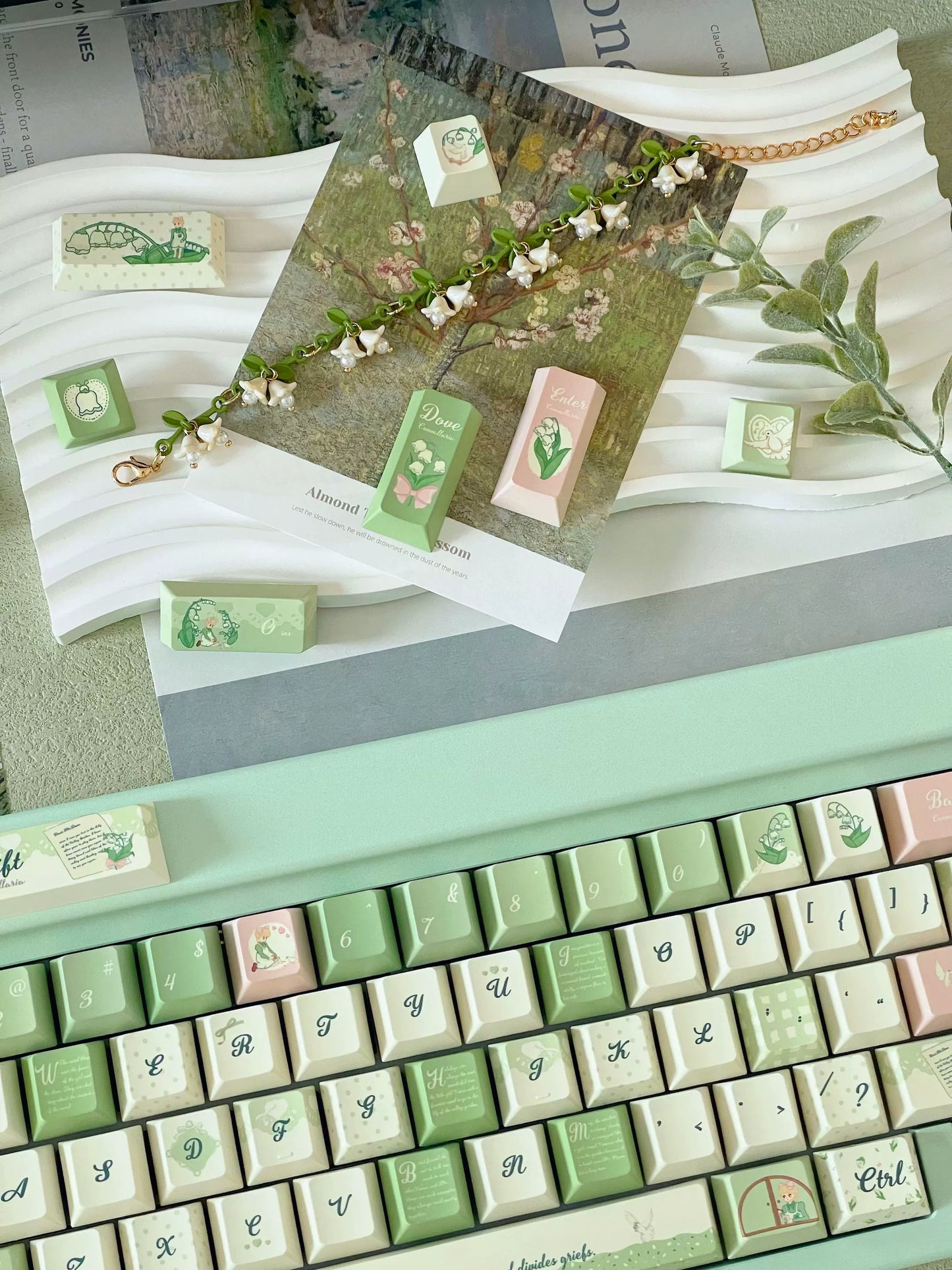 041 Lily of The Valley Pastel Green Pink Cherry Profile Keycap 131 Keys