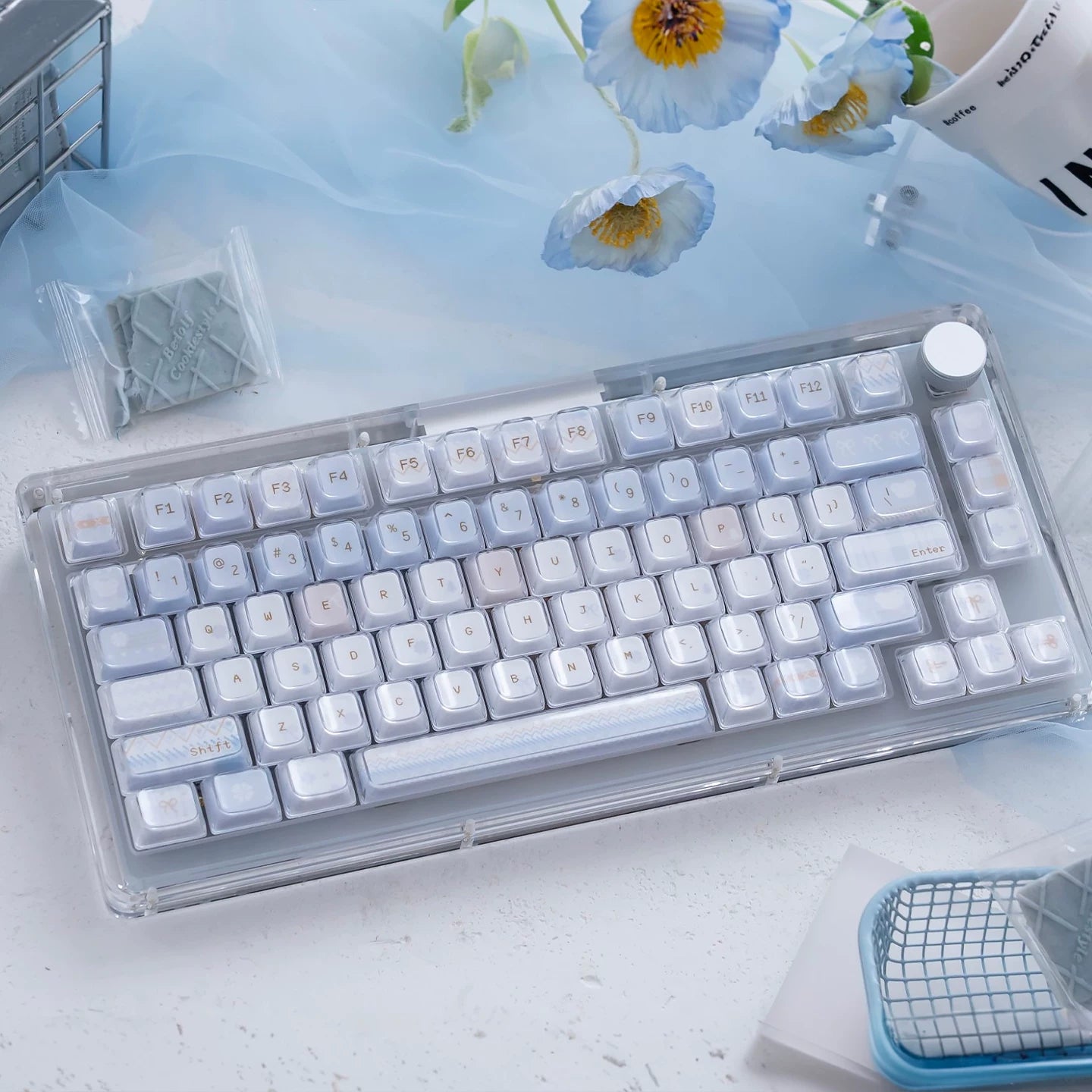 #0255 Light Blue Winter Letter Crystal Jelly Keycap KDA Profile PBT + PC Double-layer Designed By URE
