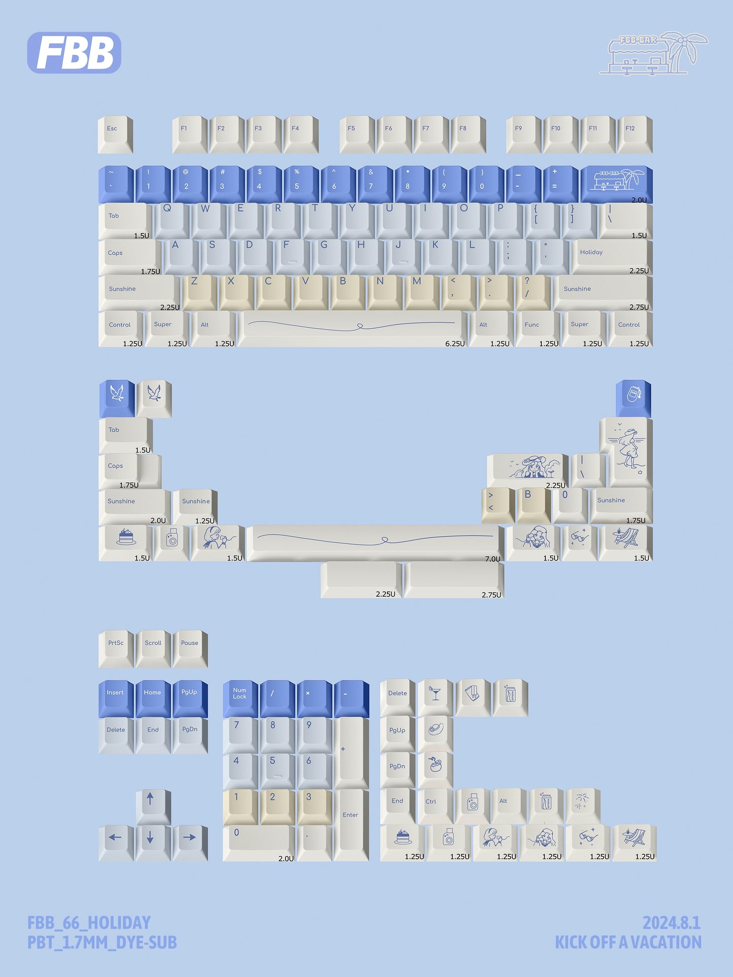 046 Holiday Blue Gradual Change Cherry Profile  Keycap 147 Keys FBB Design