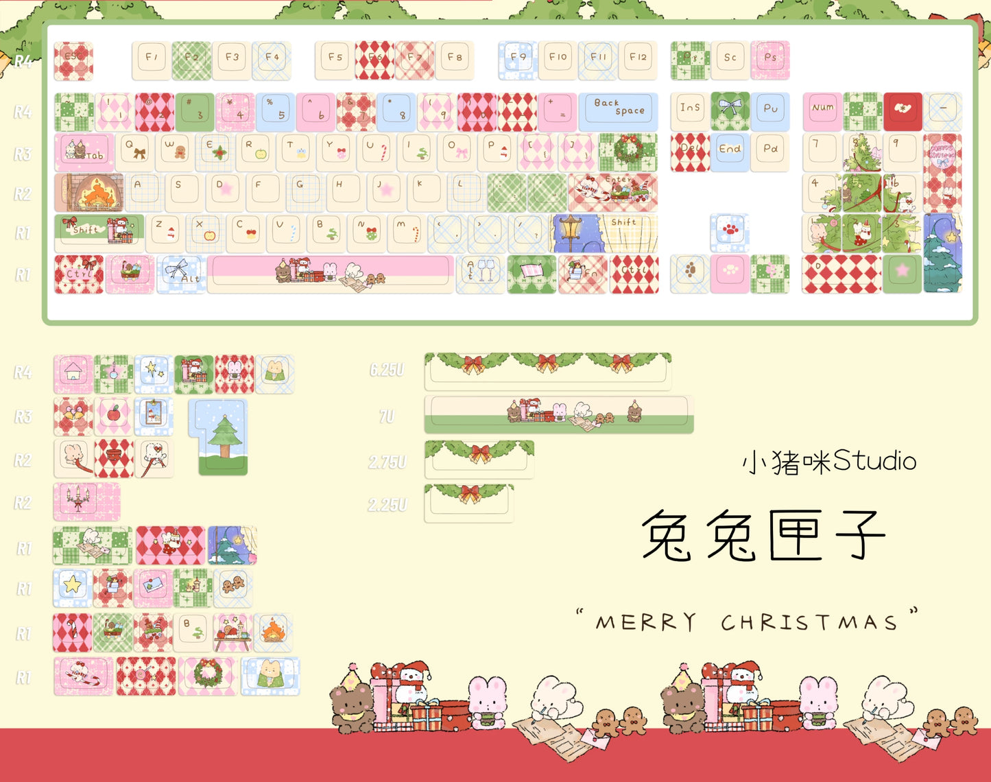 #0262 Buny Red Pink and Green Cute Christmas Birthday Gift Keycap Cherry/moa Profile (not including keyboard)
