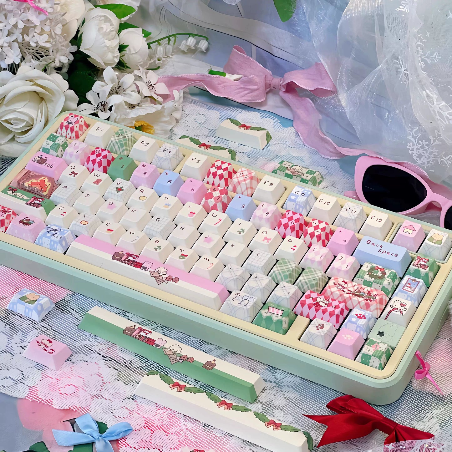 #0262 Buny Red Pink and Green Cute Christmas Birthday Gift Keycap Cherry/moa Profile (not including keyboard)