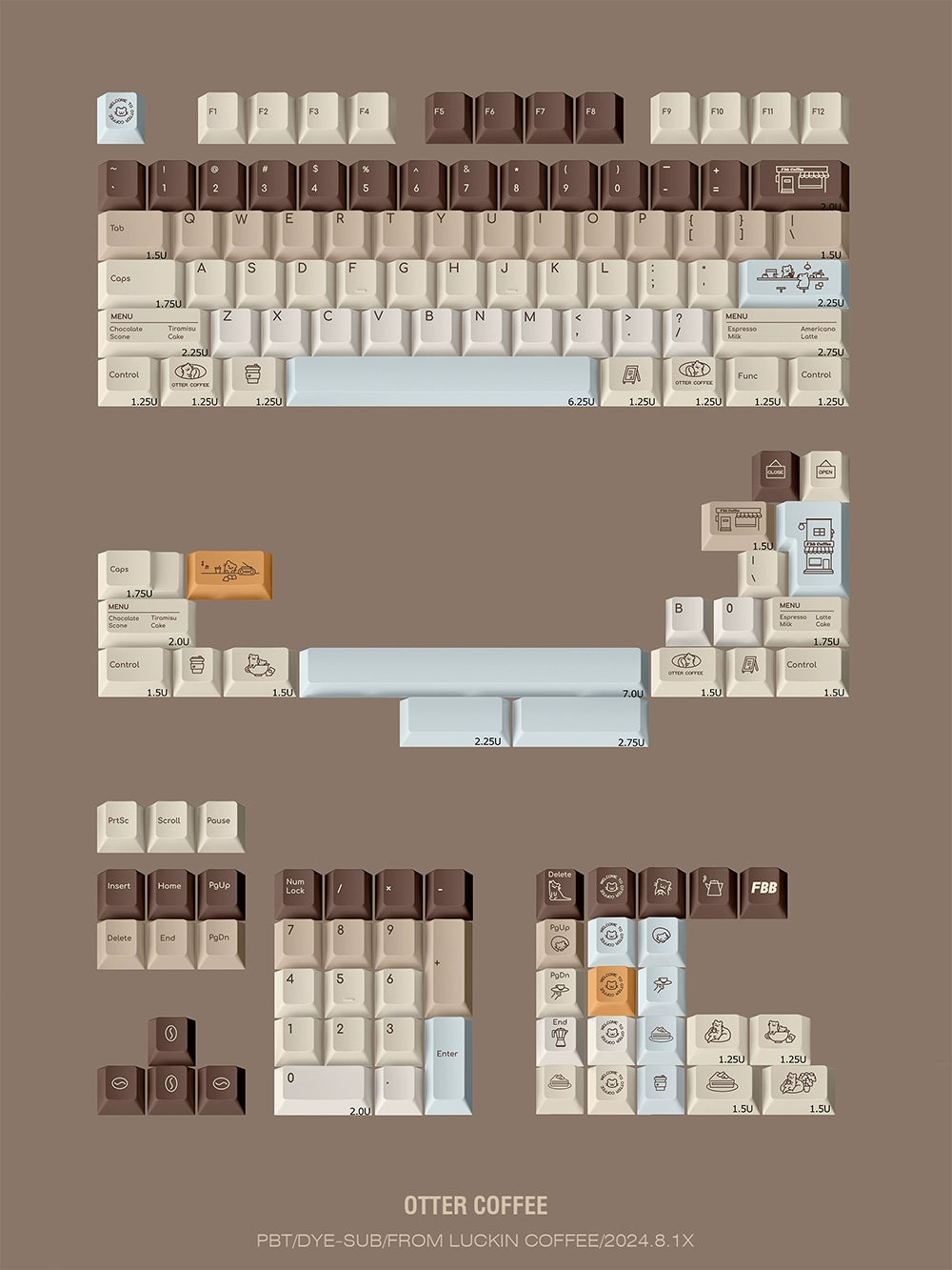 049 Cute Otter Coffee Brown Beige Kapibara Keycaps Cherry Profile FBB Designed 145 Keys 1.6mm Thickness