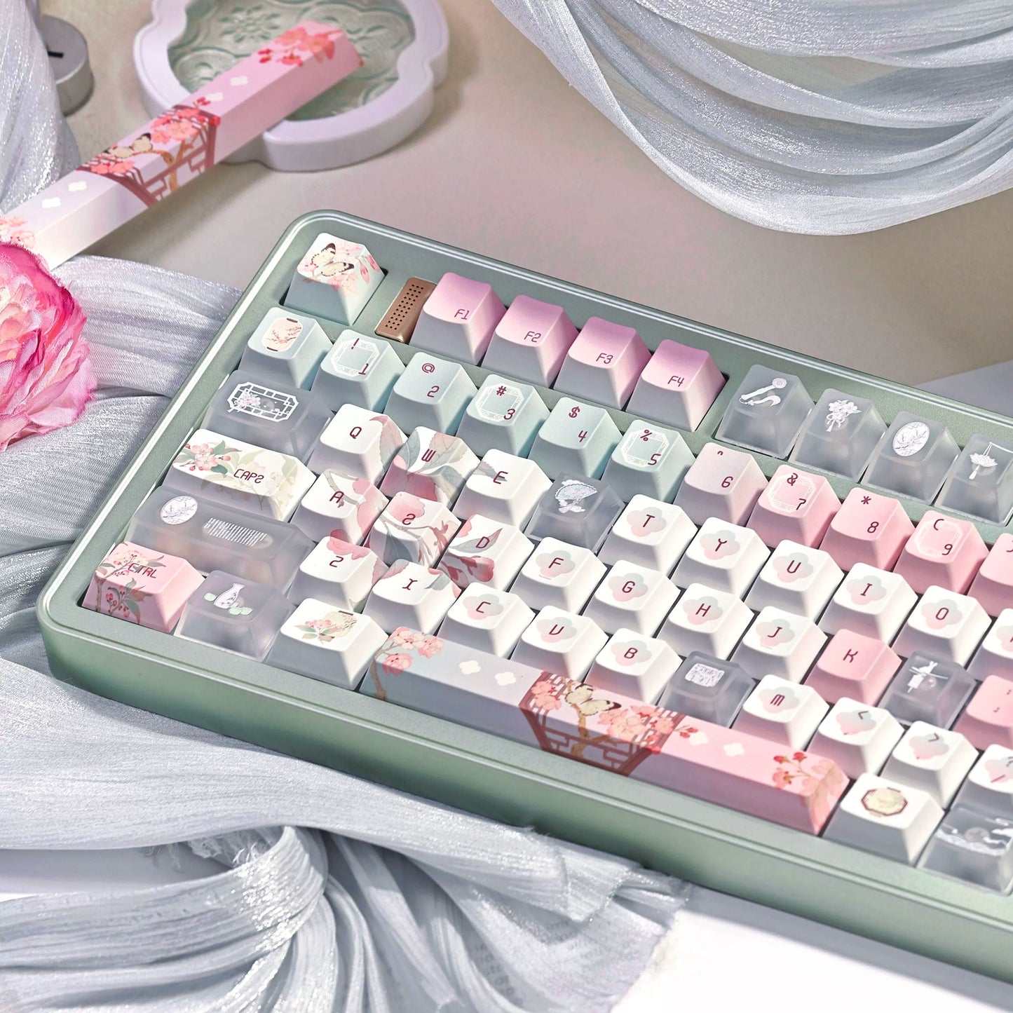 #0264 Begonia Sleepless Keycap Pink Green + Fog Transparent Pc Cherry Profile Designed By Miller