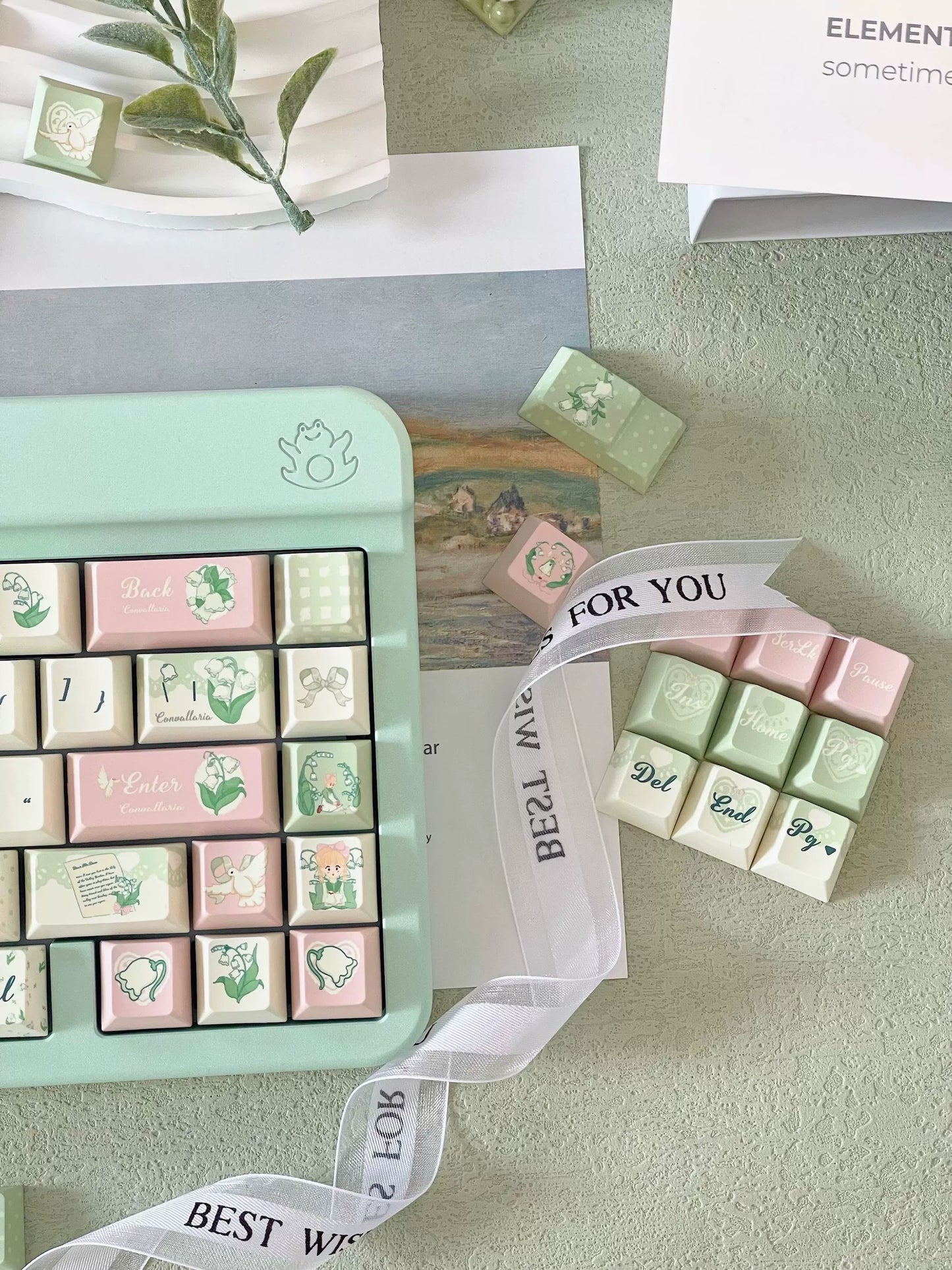 041 Lily of The Valley Pastel Green Pink Cherry Profile Keycap 131 Keys