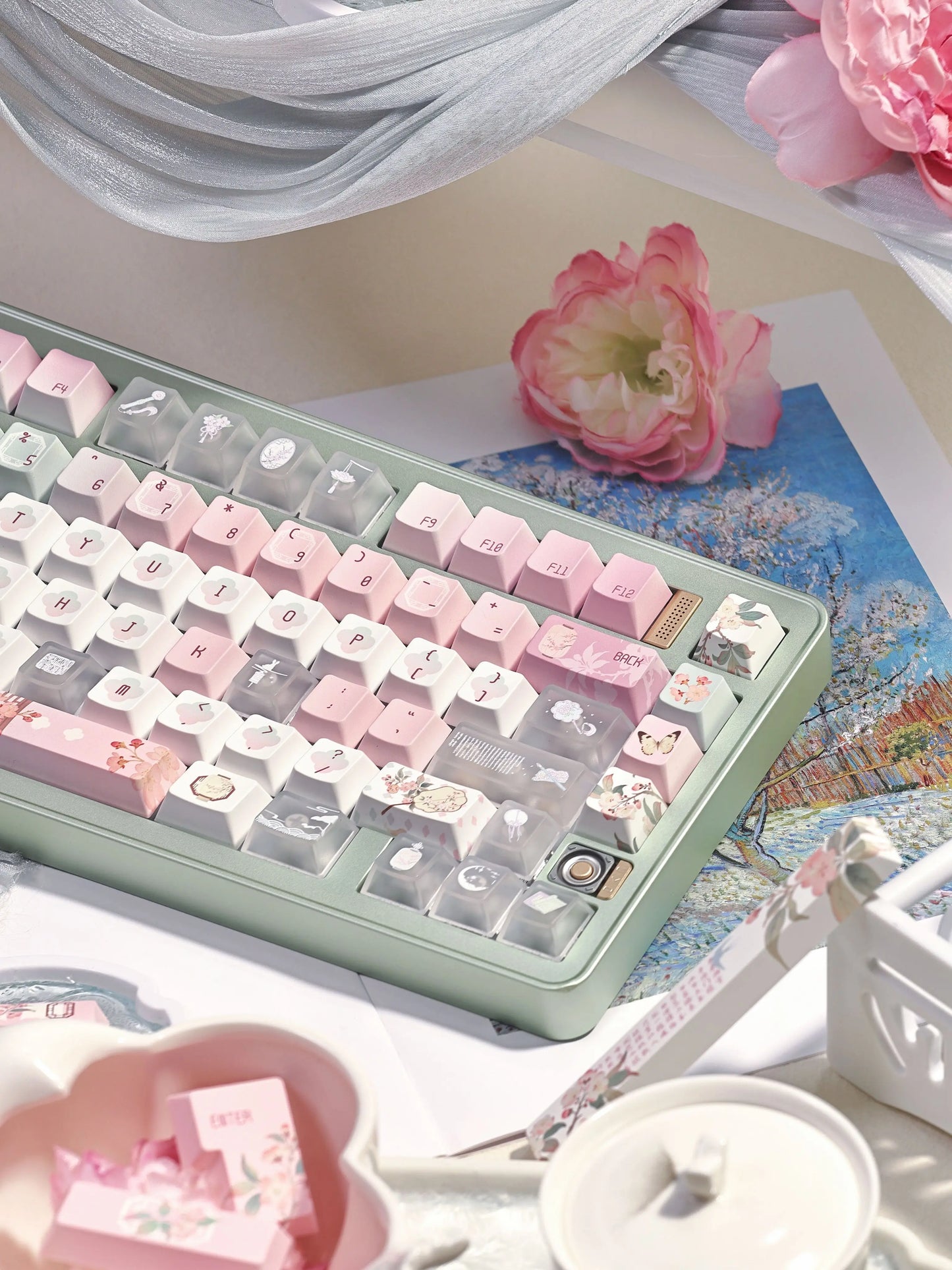 #0264 Begonia Sleepless Keycap Pink Green + Fog Transparent Pc Cherry Profile Designed By Miller