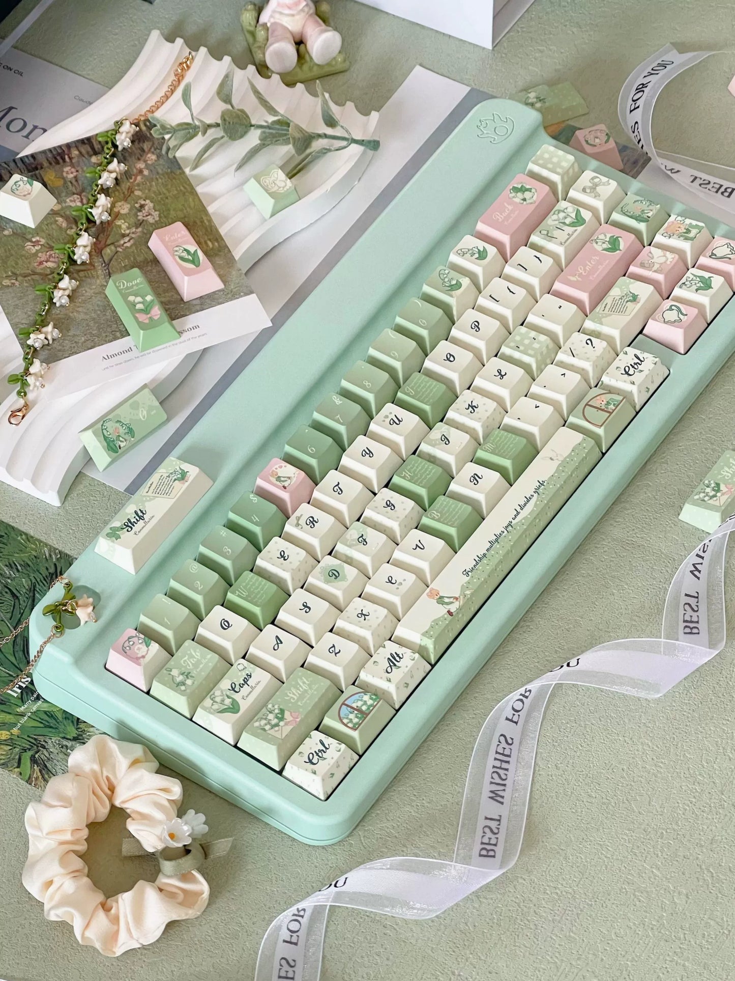 041 Lily of The Valley Pastel Green Pink Cherry Profile Keycap 131 Keys