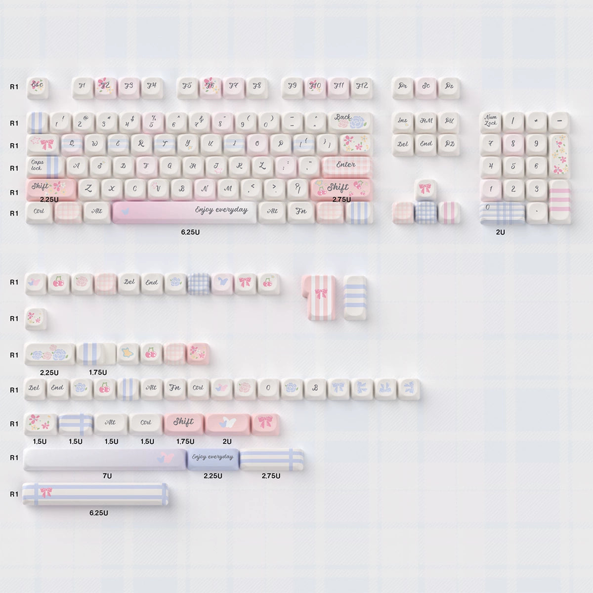 043 Pastel Pink Blue Grids Garden Keycap Cherry/ MOA Profile 152 keys BeeFun design