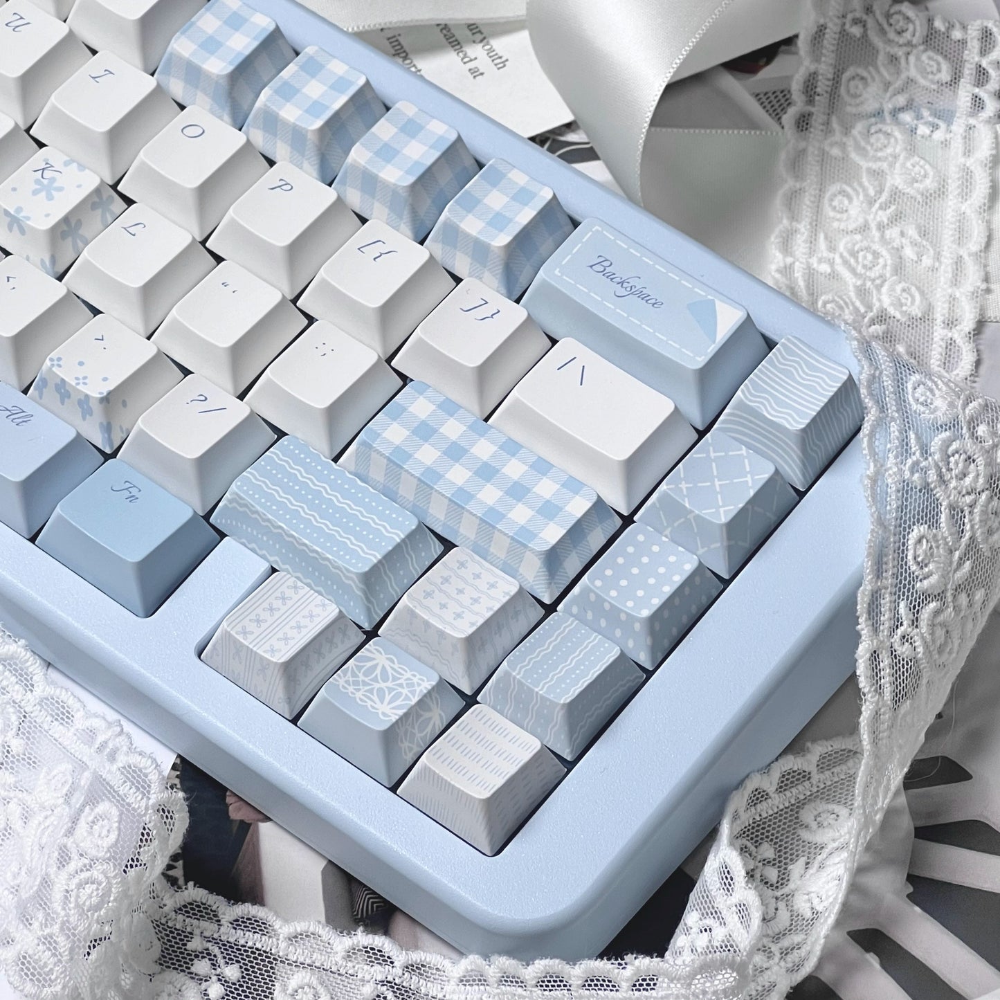 080 Pastel Blue Lace Love Poem Keycap Cherry Profile Design Mocoo