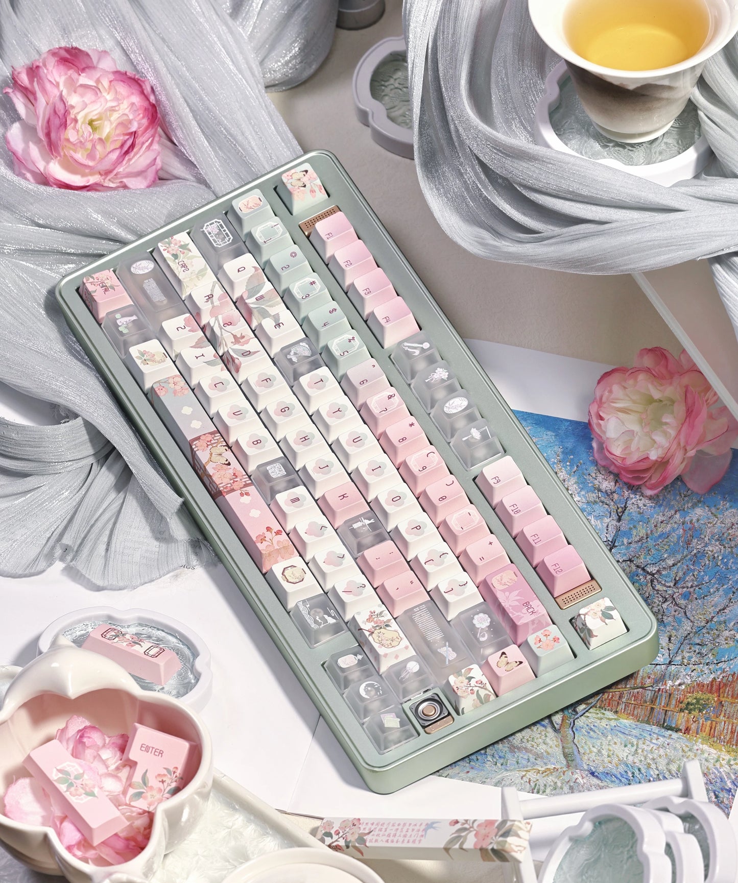 #0264 Begonia Sleepless Keycap Pink Green + Fog Transparent Pc Cherry Profile Designed By Miller
