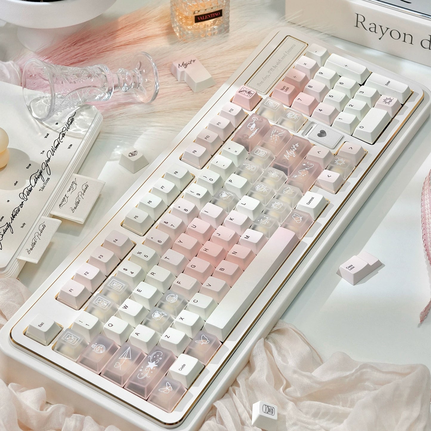 #0250 White Peach Mojito Cream Pink Gradual Change Keycap Cherry Profile (not Including Keyboard)