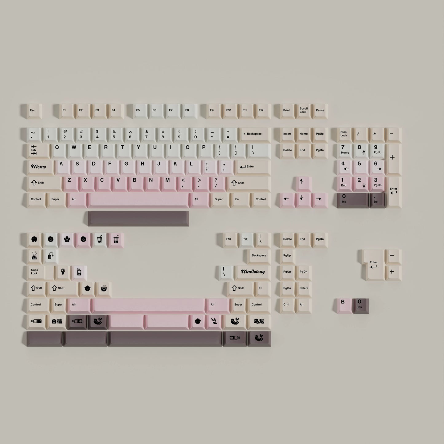 Pastel Pink Pale Yellow White Peach Oolong with Split Space Bars cherry profile keycaps