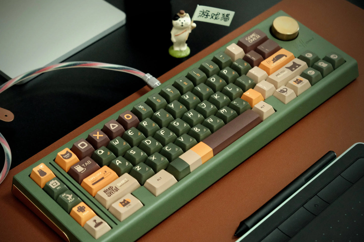 063 Game Cat Vintage Olive Green Coffee Ginger Cherry Profile Keycaps 143 keys