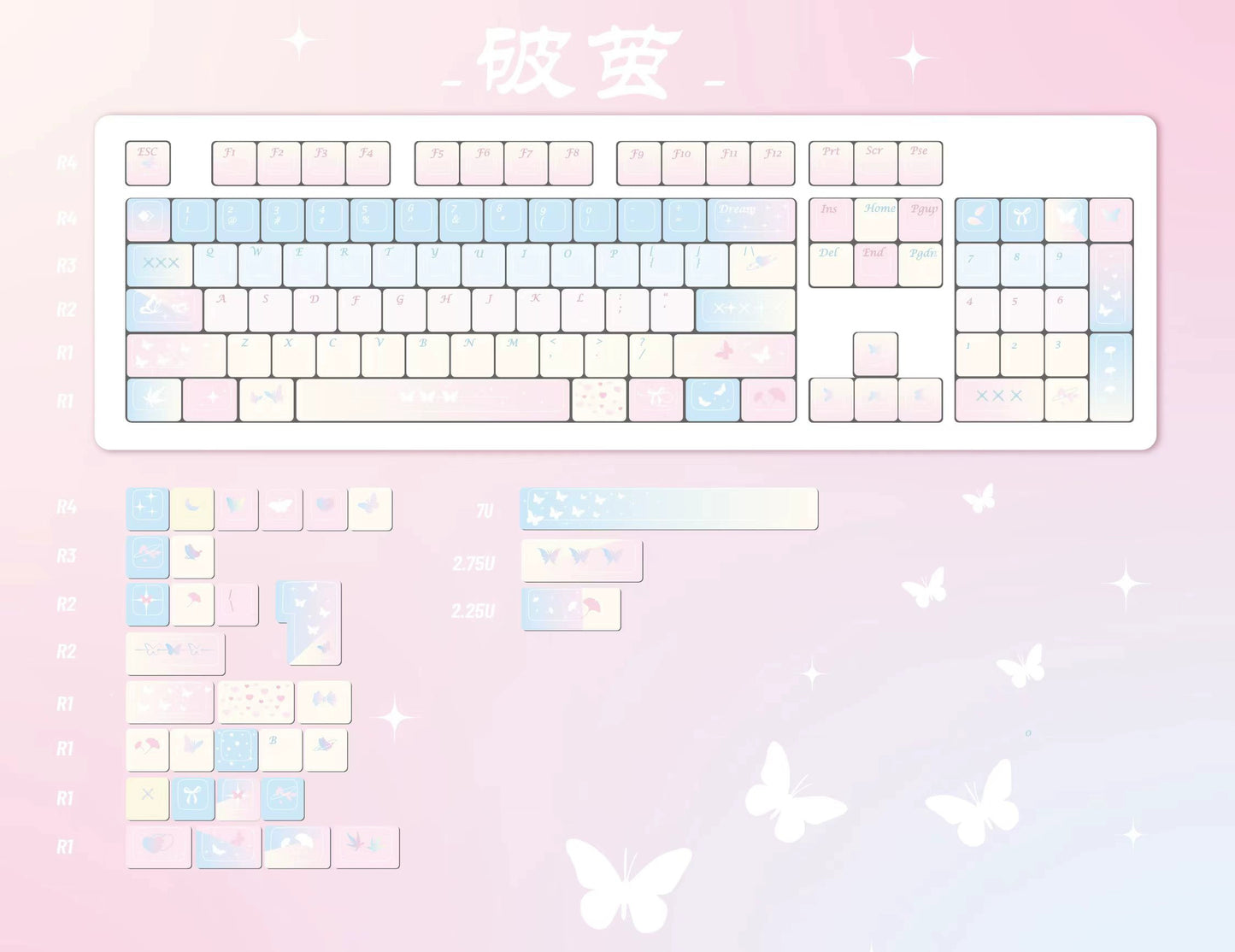 109 Cocoon and Butterfly Pastel Pink and Blue Keycap Cherry Profile