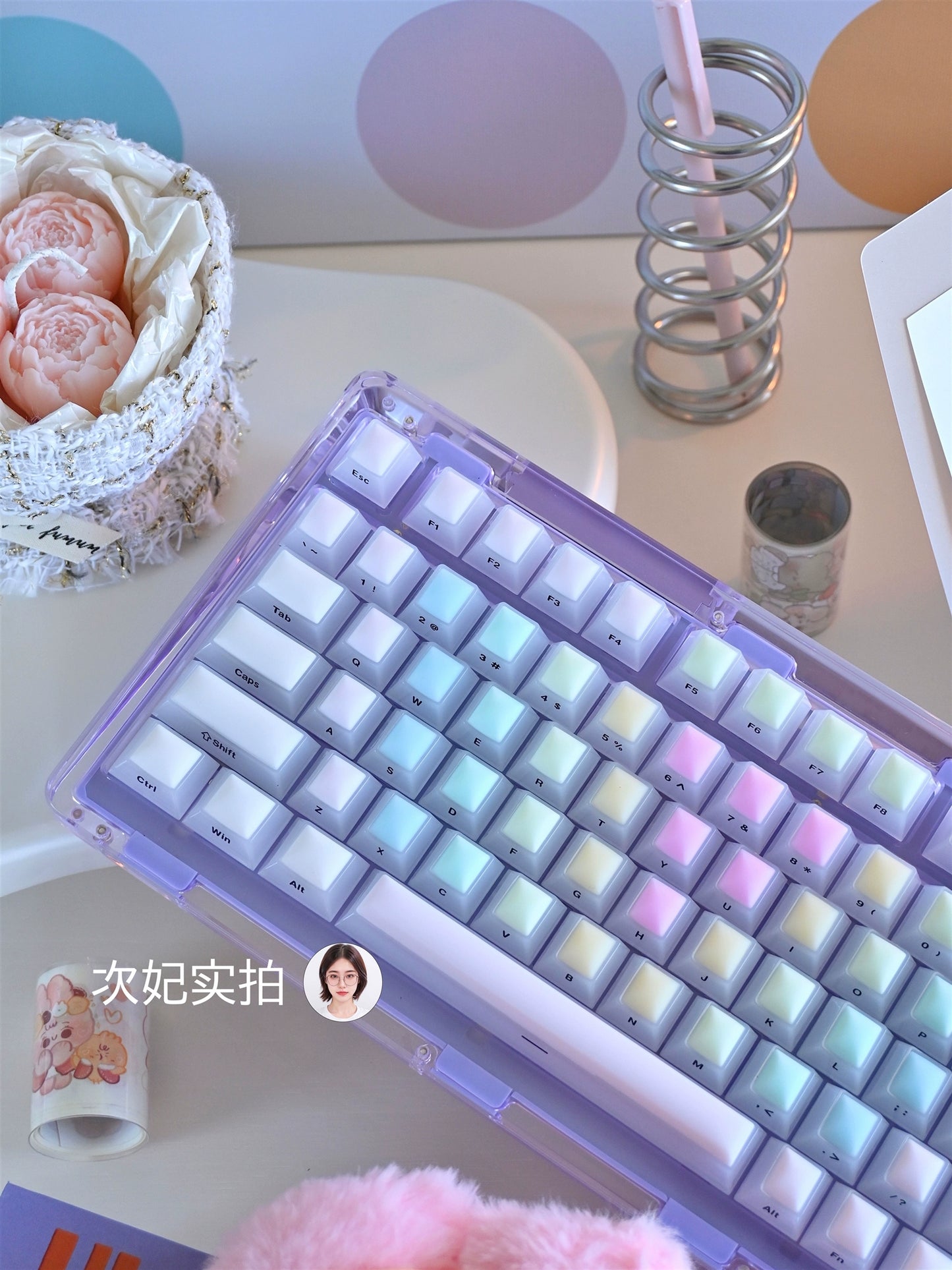 114 Rainbow Fudge Keycaps Fog Clear Silicone Material Soft Bounce Cute Keycaps Cherry Profile 124-key Side-print