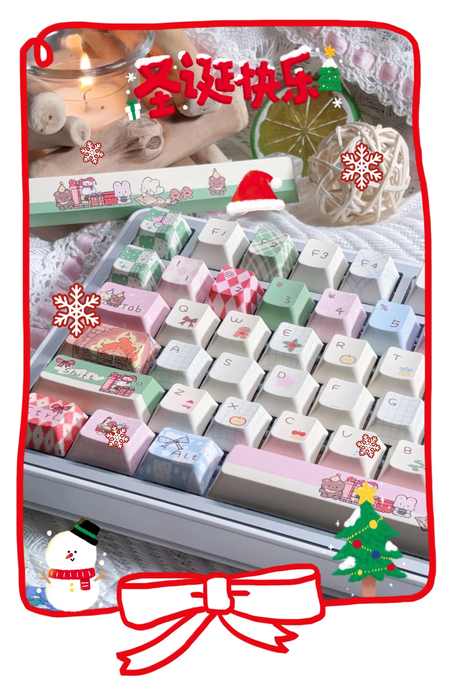 #0262 Buny Red Pink and Green Cute Christmas Birthday Gift Keycap Cherry/moa Profile (not including keyboard)