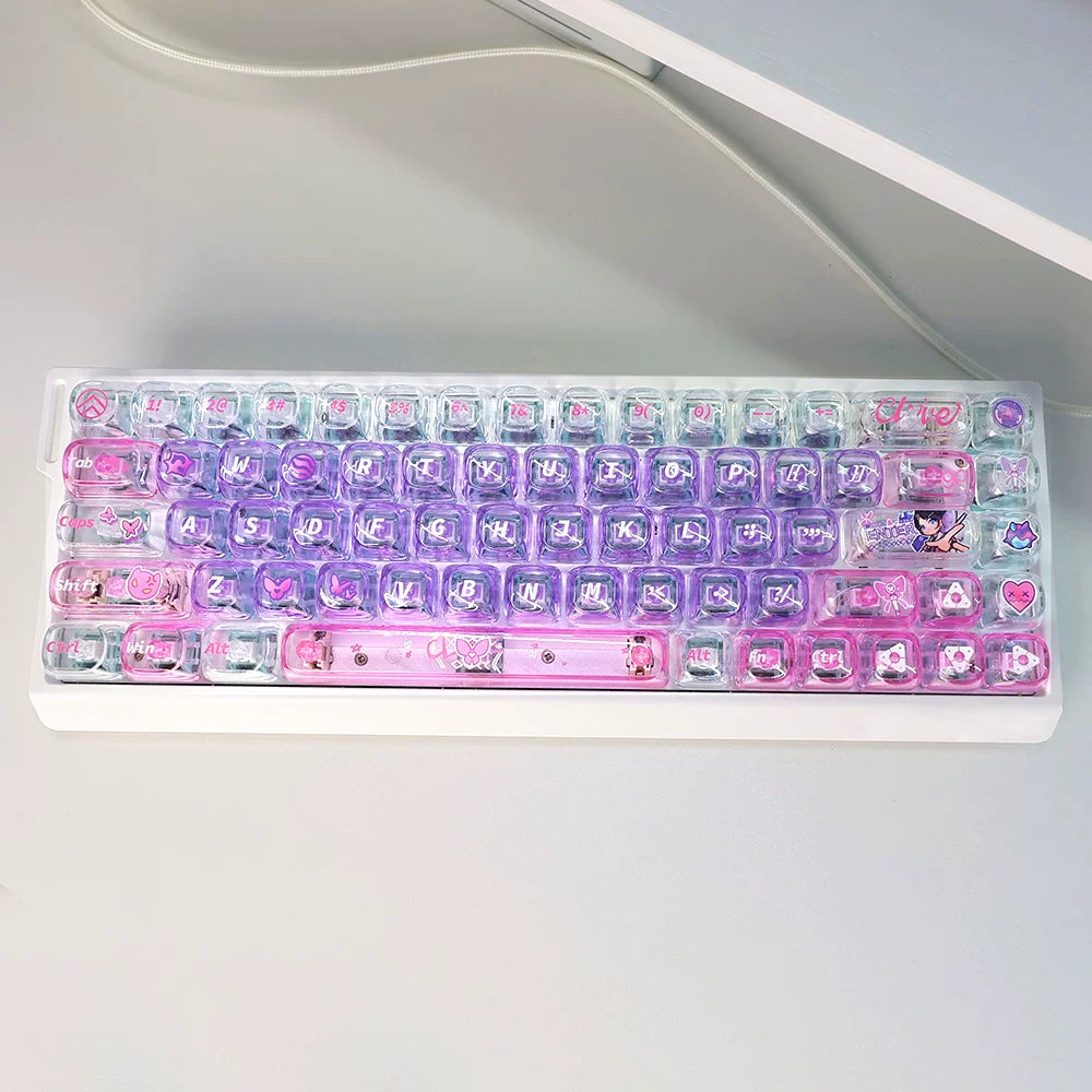 #0259 Twilight Purple Pink Glittering Butterfly 2.0MOA Profile PC Transparent 60/68/87 Keycap Set（not including keyborad）