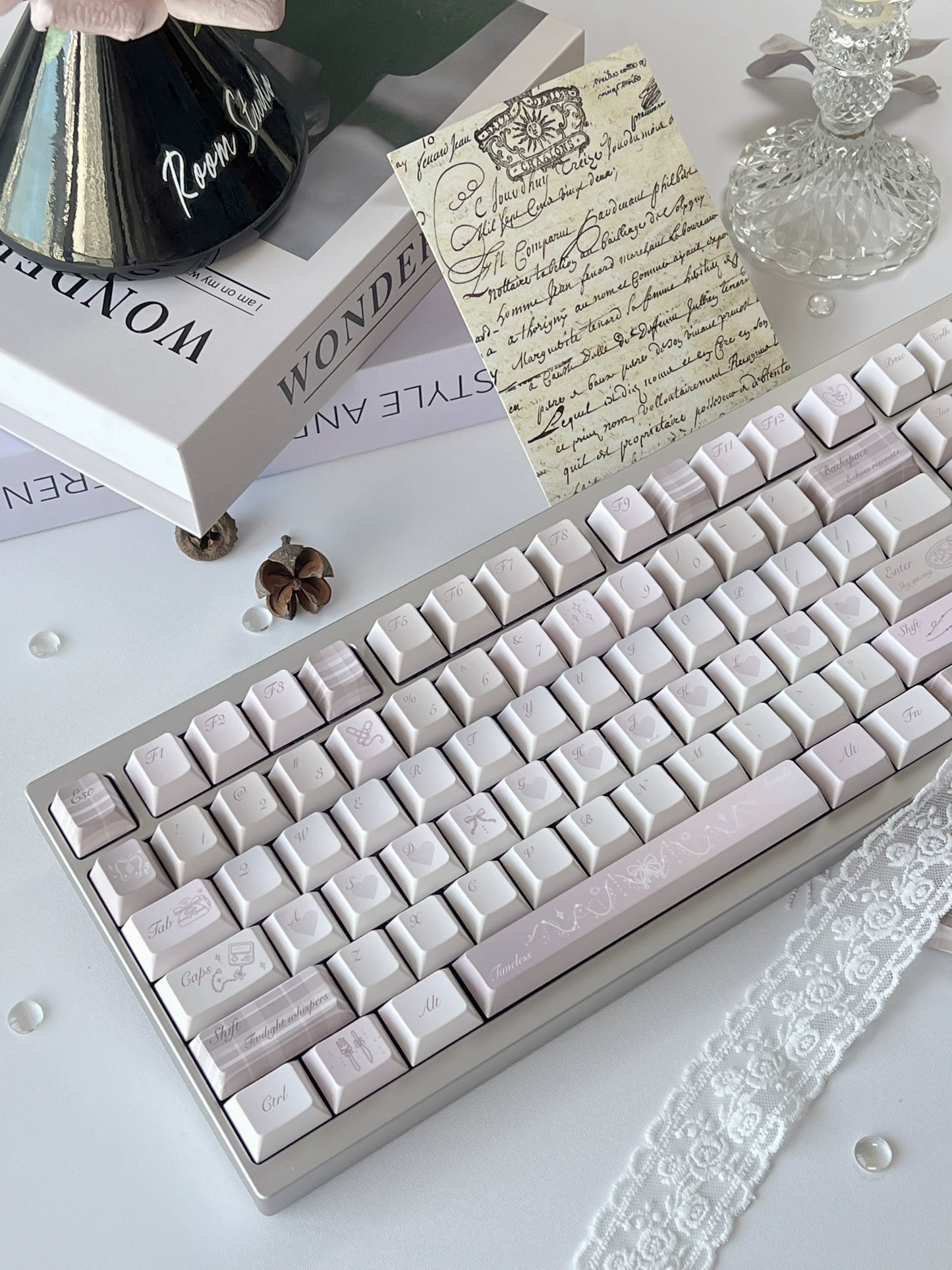 047 Fickle Grey Pink French Keycap Cherry Profile Bluebird Designed