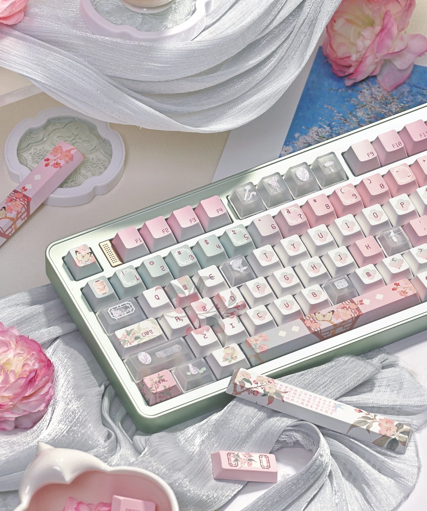 #0264 Begonia Sleepless Keycap Pink Green + Fog Transparent Pc Cherry Profile Designed By Miller