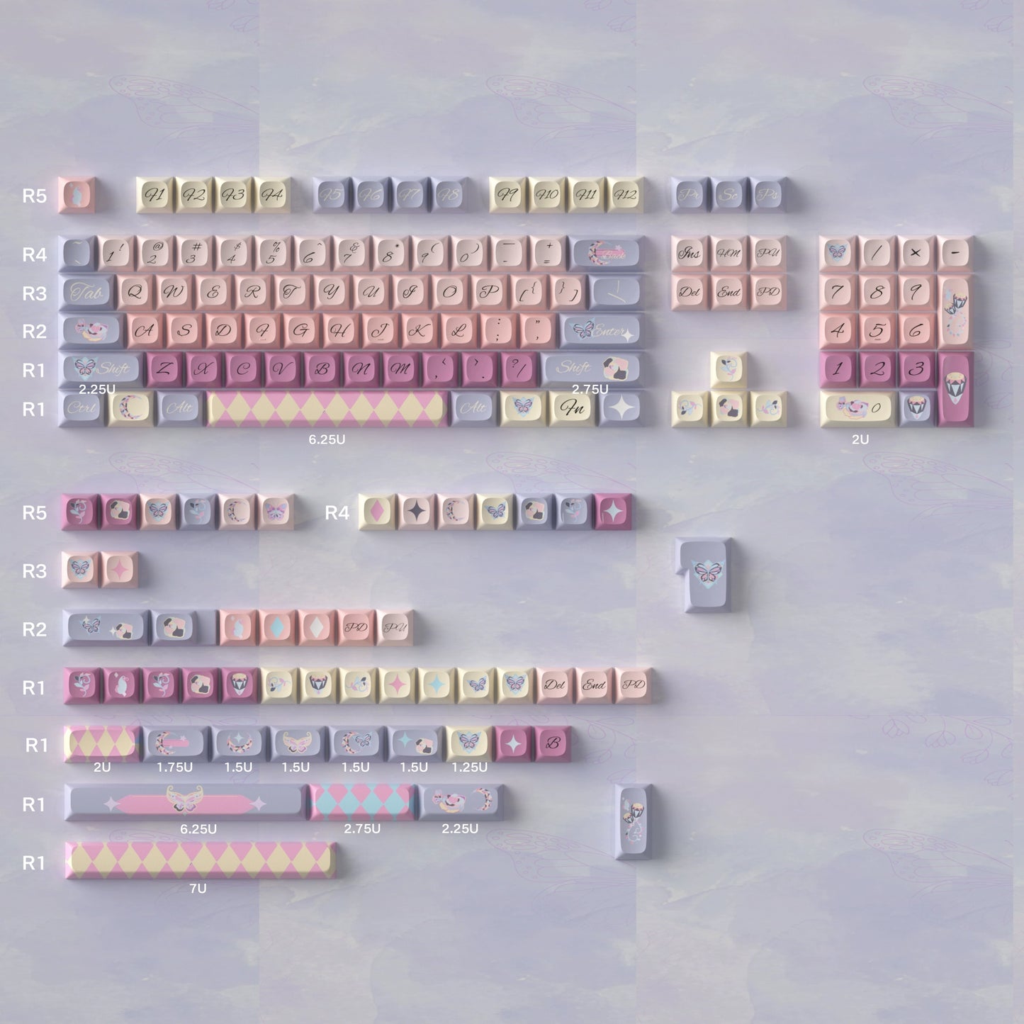 Pastel Purple Pink Gray Blue Moonlight Butterfly SOA/URE Profile Keycap Set URE Studio Designed