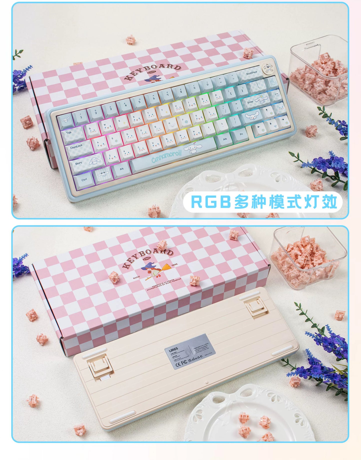 UR65 Blue/Pink/Red Mechanical Customized Keyboard (Tri-mode Gasket Hot Swap RGB Support QMK/VIA)