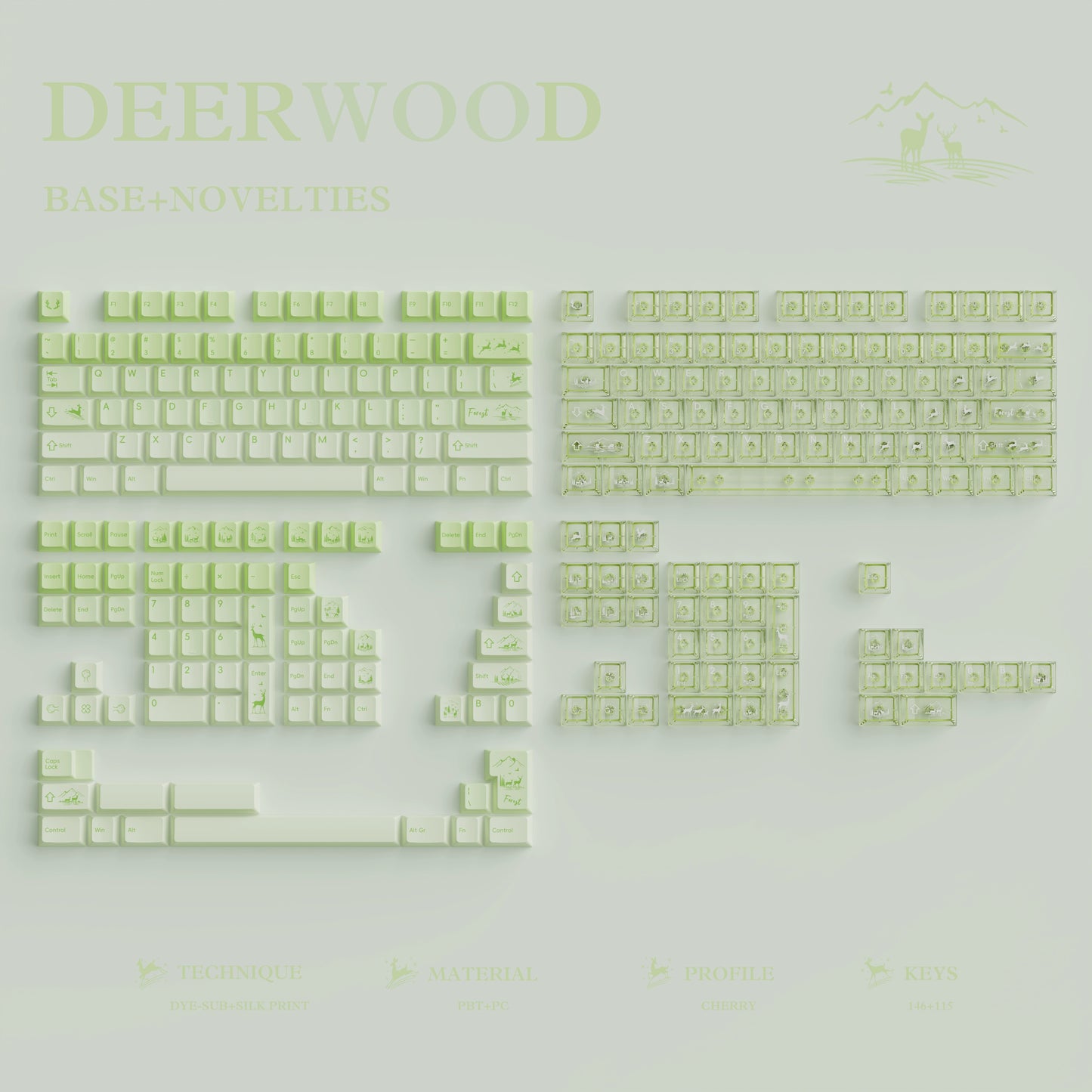#0216 Fresh Green Dearwood Whisper Keycap Set Cherry Profile PBT146+PC115  （not including keyboard）